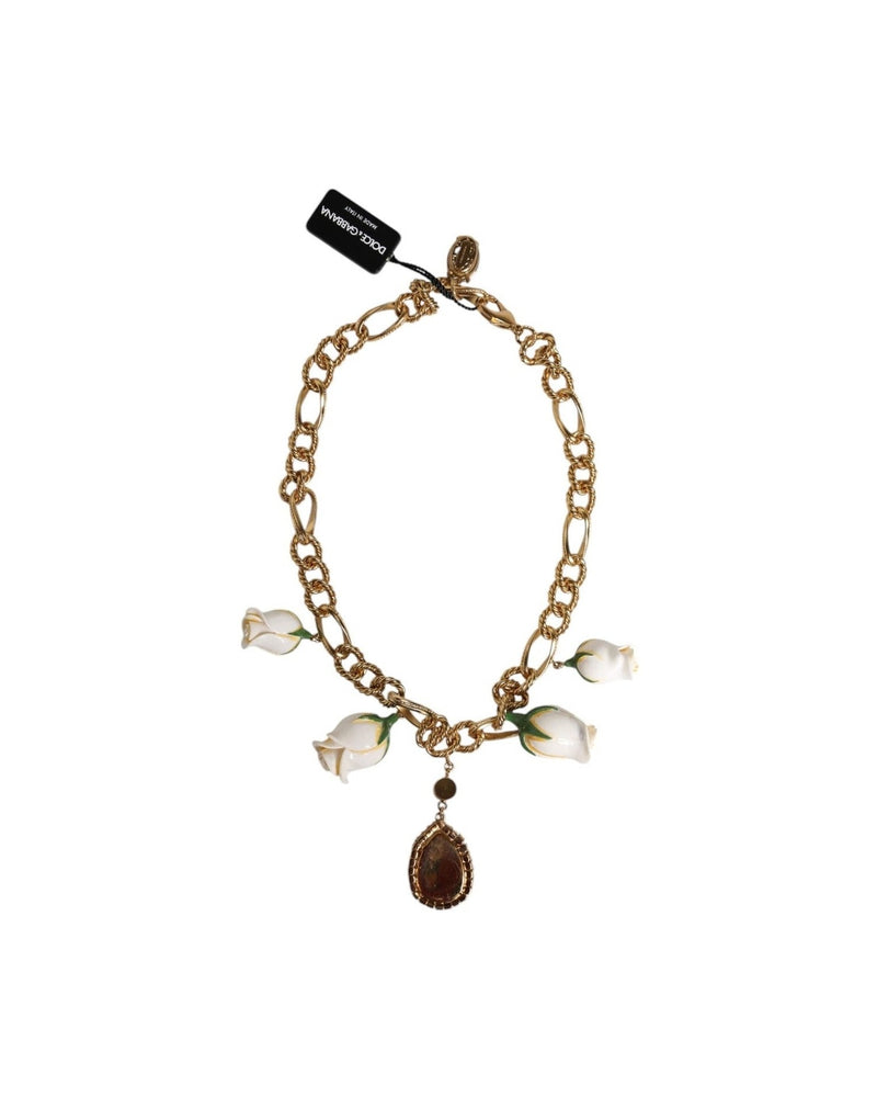 Dolce & Gabbana Brass Shorts Chain Flower Crystal Pendant Gold Necklace Glam Steals