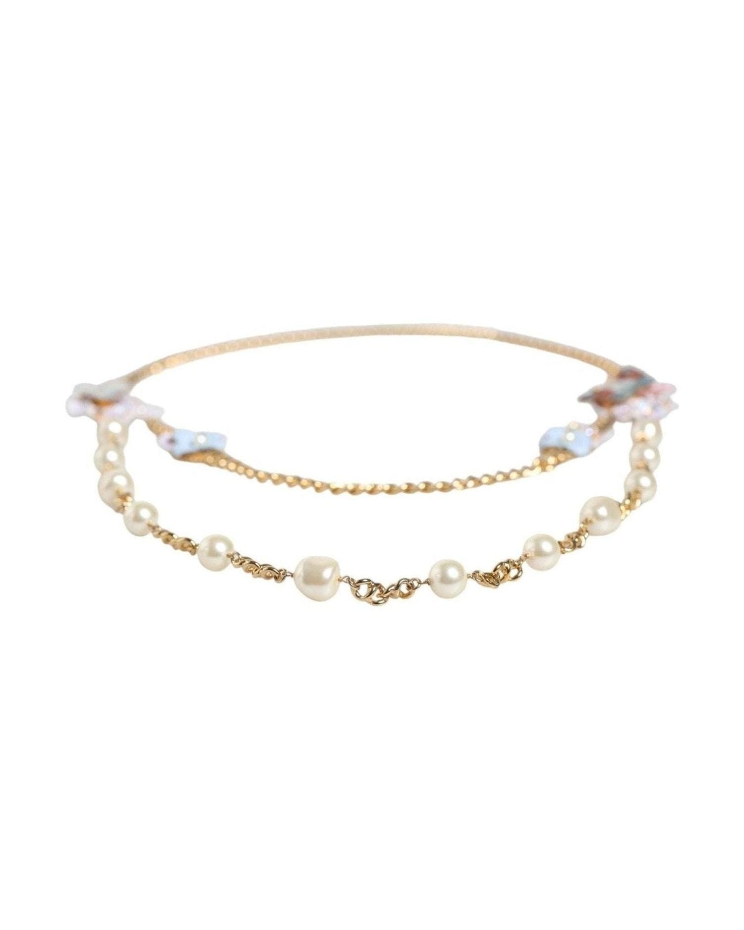 Dolce & Gabbana Chain Brass Floral Layered Crystal Pearl Gold Necklace Glam Steals