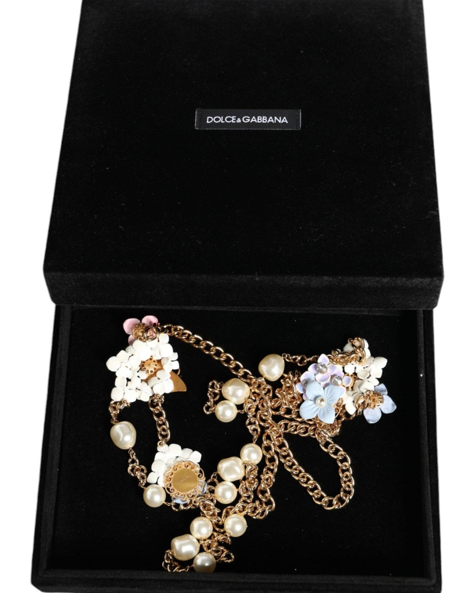 Dolce & Gabbana Chain Brass Floral Layered Crystal Pearl Gold Necklace Glam Steals