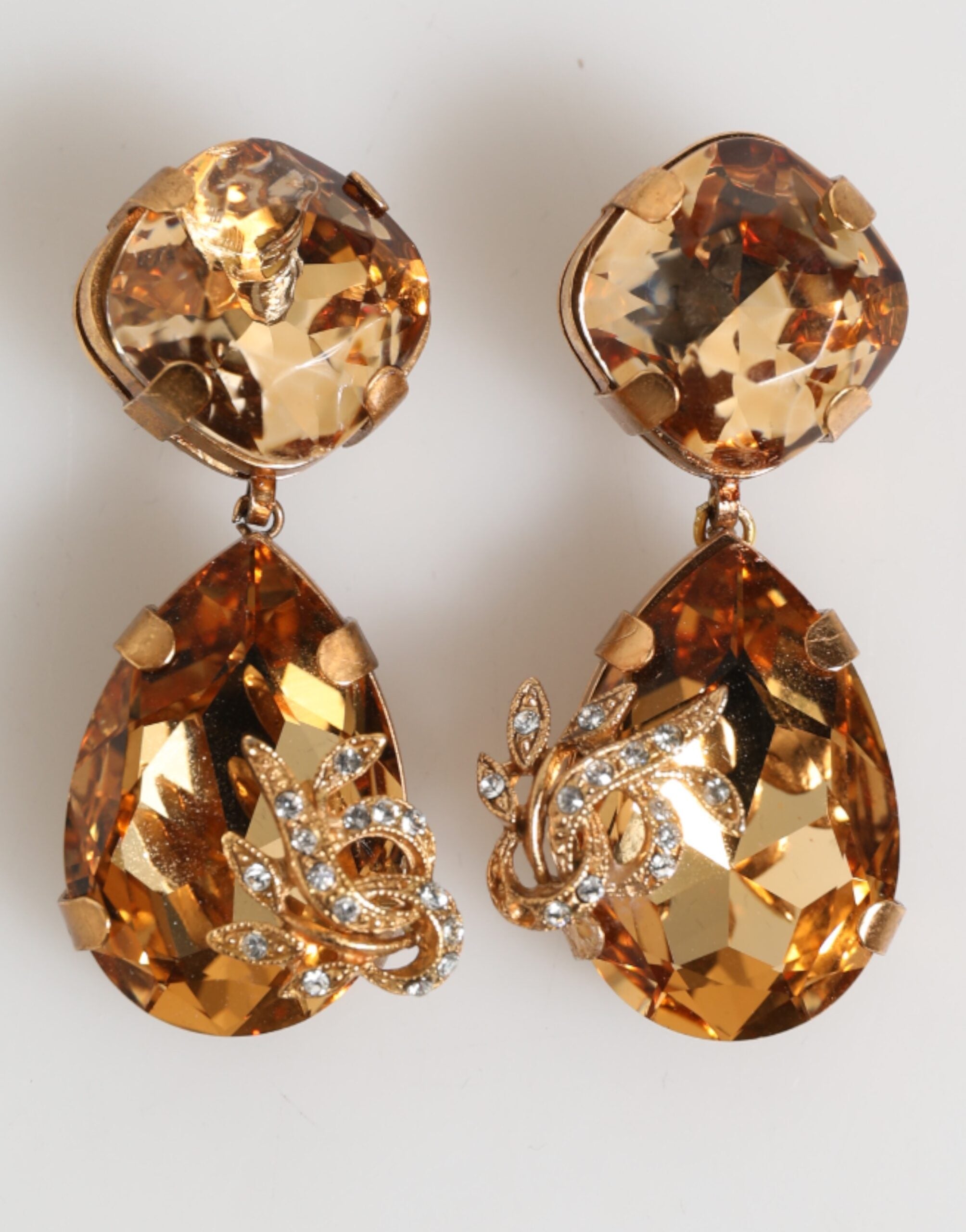 Dolce & Gabbana Gold Crystal Drop Clip-On Strass Floral Jewelry Earrings Glam Steals