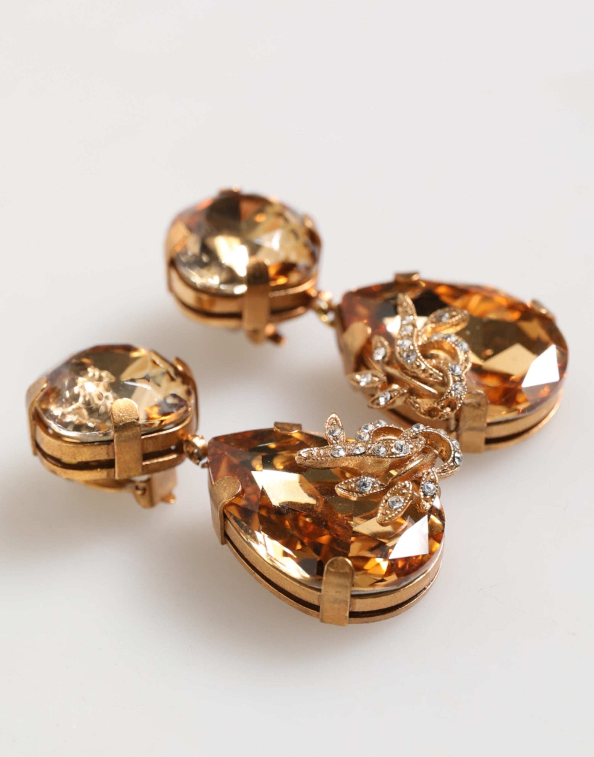Dolce & Gabbana Gold Crystal Drop Clip-On Strass Floral Jewelry Earrings Glam Steals