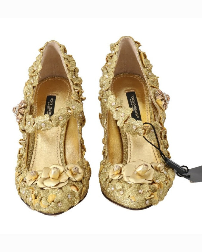 Dolce & Gabbana Gold Floral Crystal Mary Janes Pumps Heels
