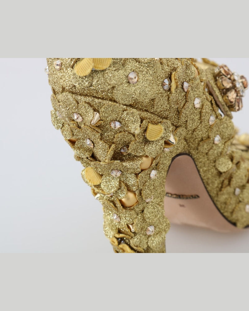 Dolce & Gabbana Gold Floral Crystal Mary Janes Pumps Heels