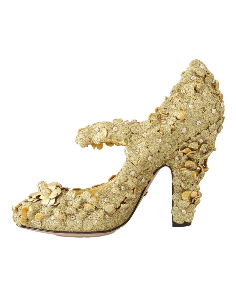 Dolce & Gabbana Gold Floral Crystal Mary Janes Pumps Heels