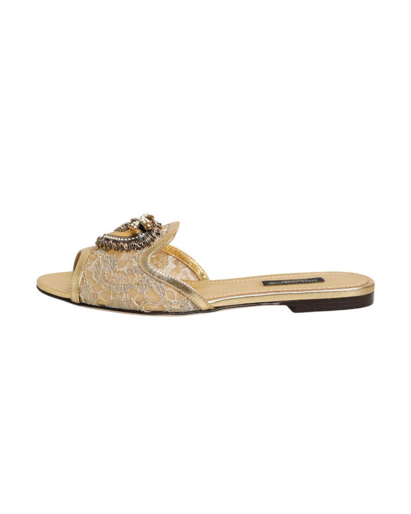 Dolce & Gabbana Gold Lace Devotion Flats Slip On Sandals Shoes Glam Steals