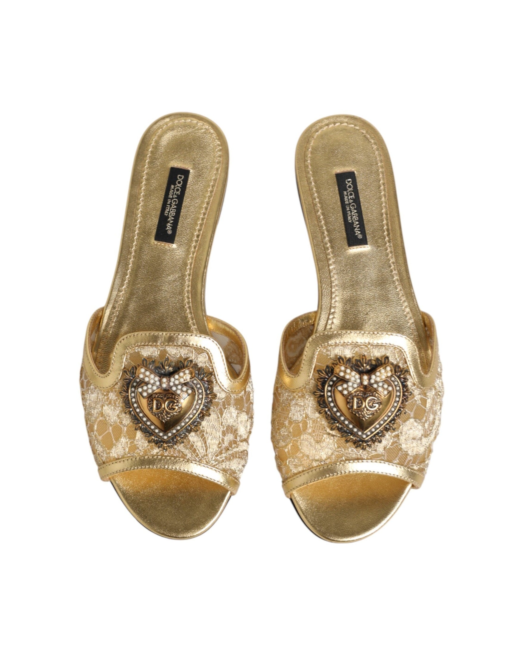 Dolce & Gabbana Gold Lace Devotion Flats Slip On Sandals Shoes Glam Steals
