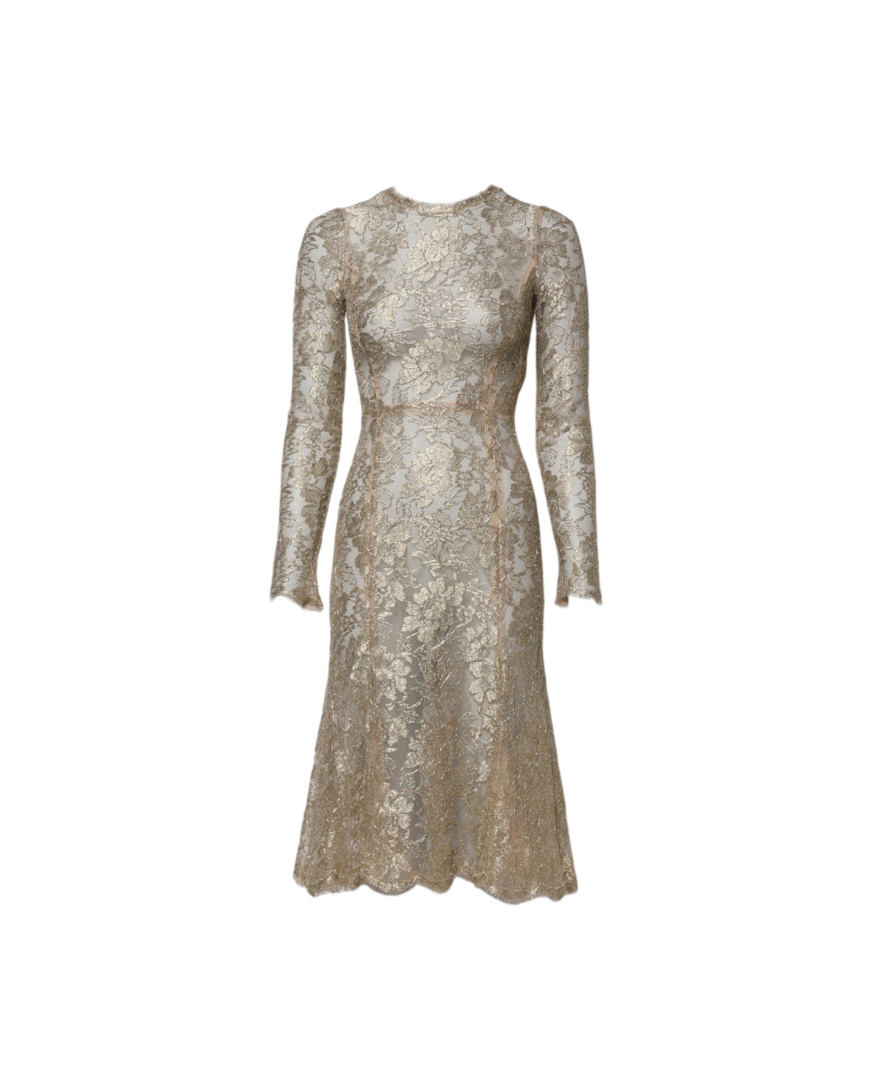 Dolce & Gabbana Gold Lace Floral Long Sleeves Fit Flare Dress