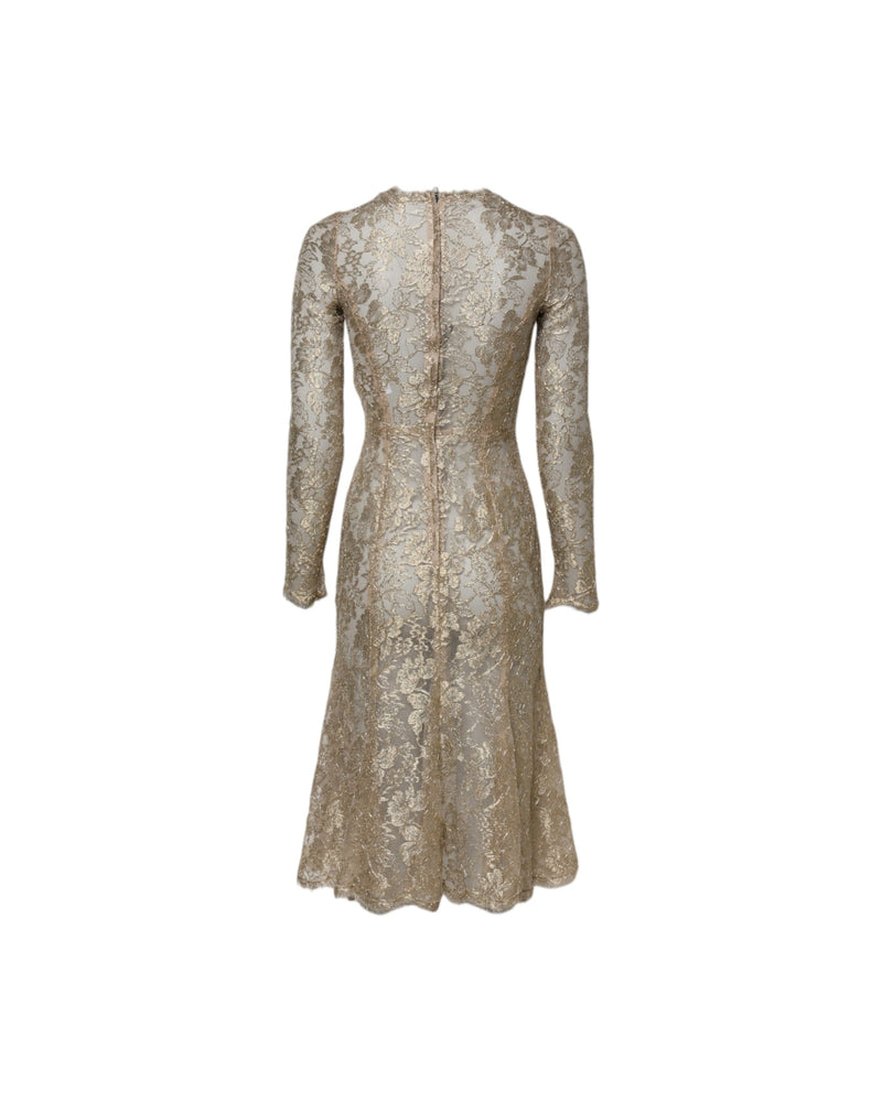 Dolce & Gabbana Gold Lace Floral Long Sleeves Fit Flare Dress Glam Steals
