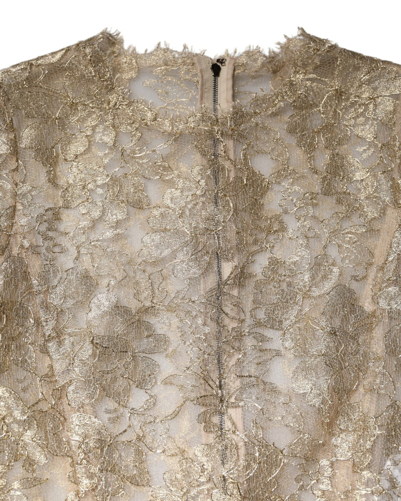 Dolce & Gabbana Gold Lace Floral Long Sleeves Fit Flare Dress Glam Steals