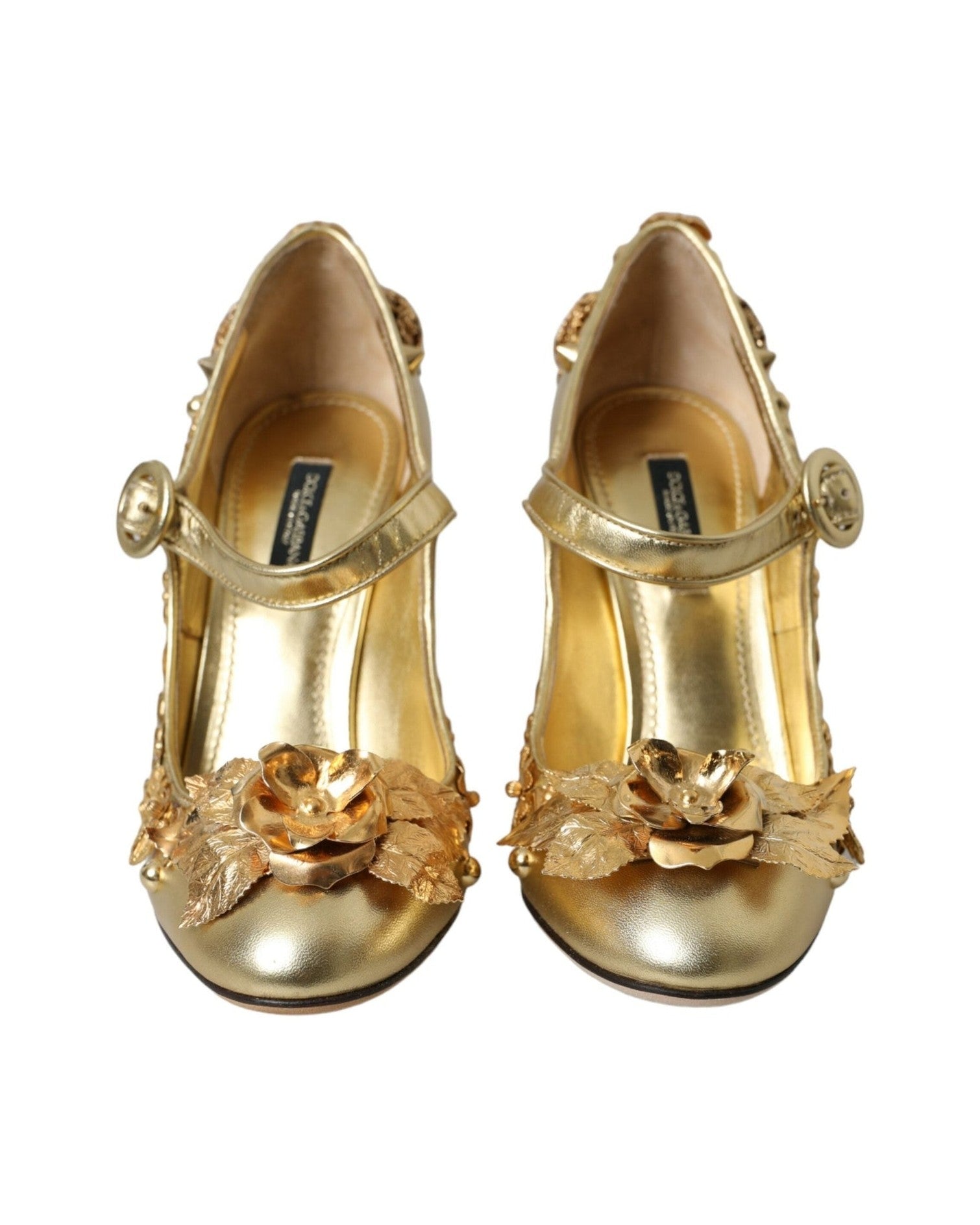 Dolce & Gabbana Gold Leather Crystal Mary Janes Pumps Shoes Heels