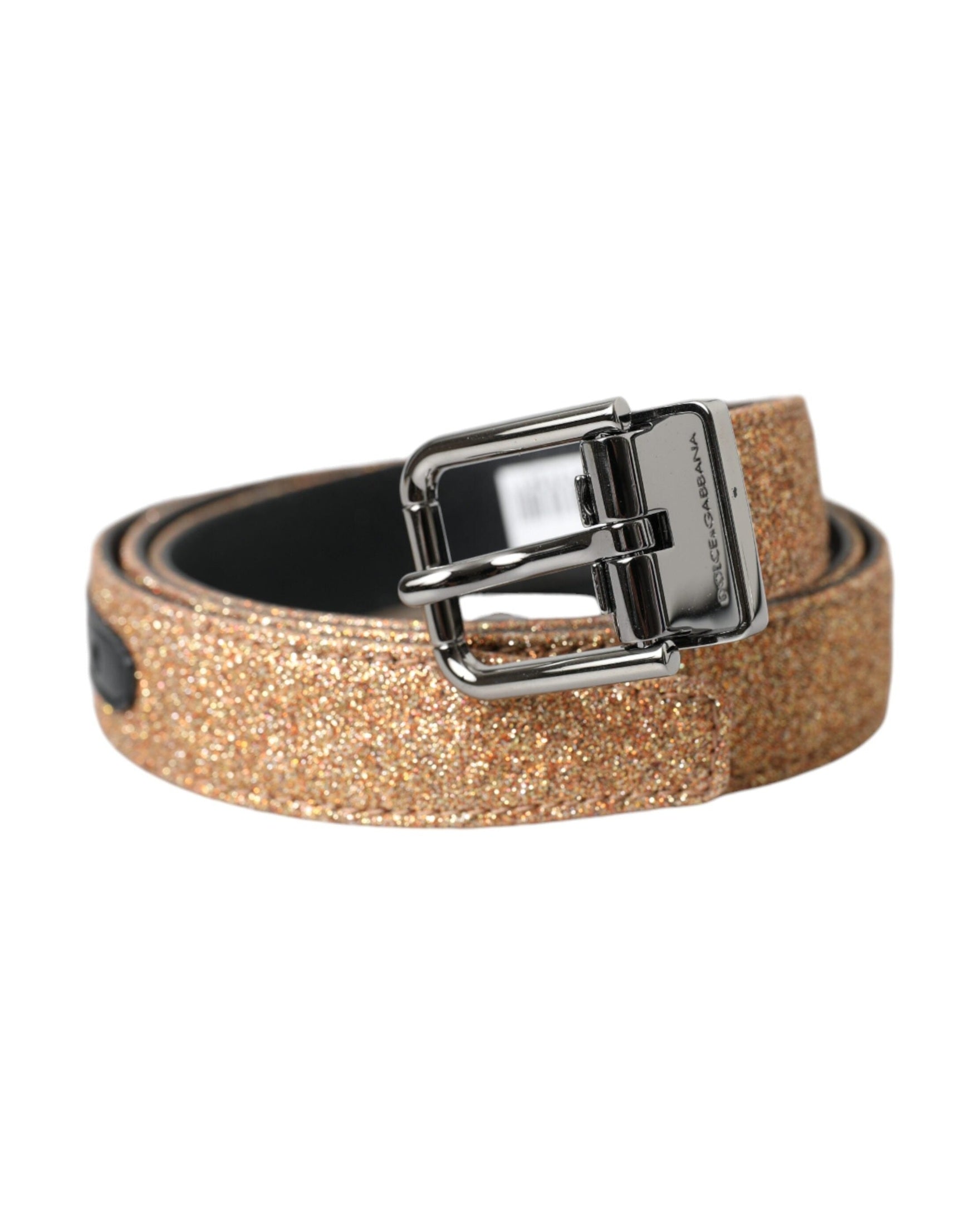 Dolce & Gabbana Gold Leather Glitter Silver Metal Buckle Belt Belts