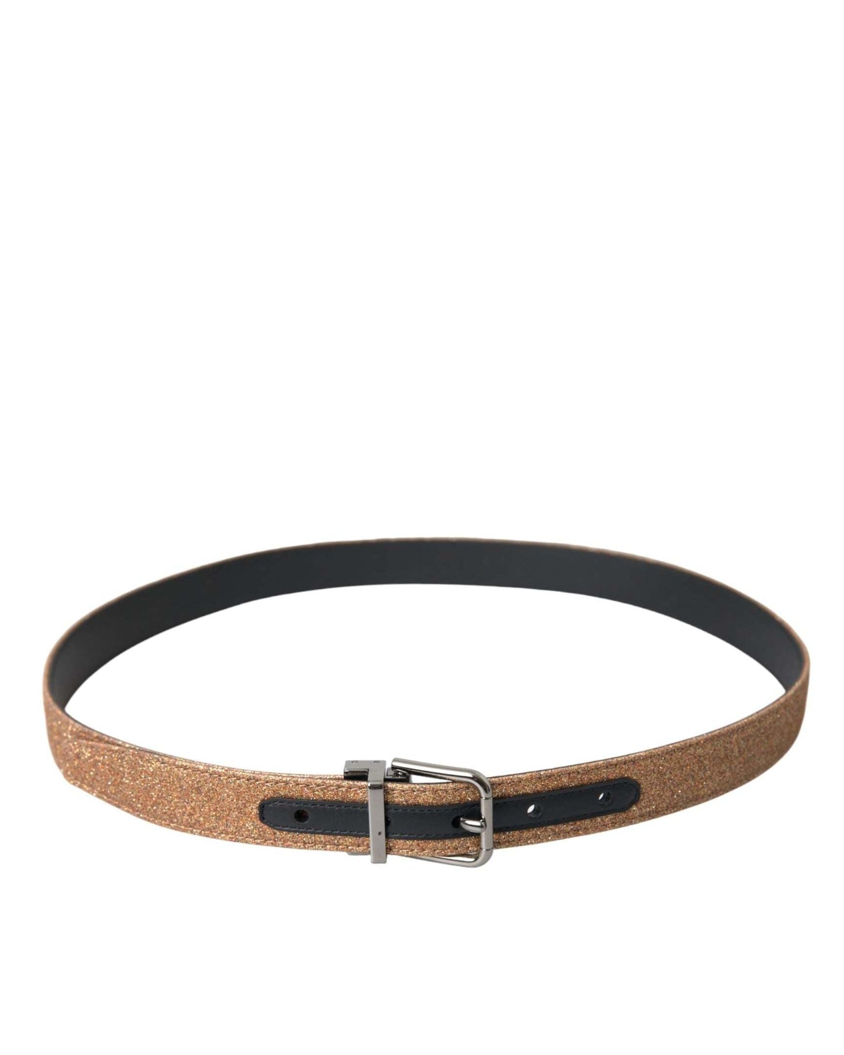 Dolce & Gabbana Gold Leather Glitter Silver Metal Buckle Belt Belts