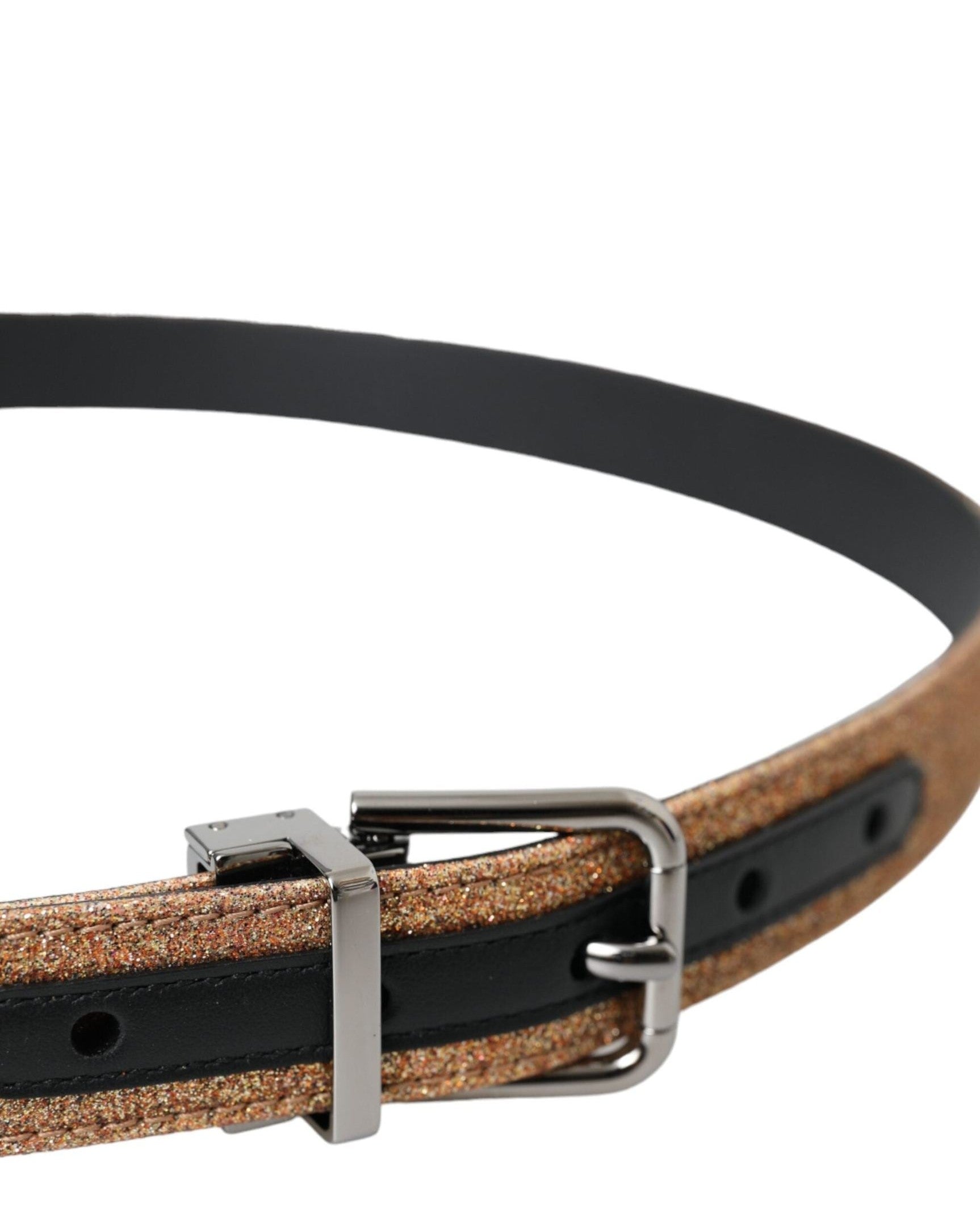 Dolce & Gabbana Gold Leather Glitter Silver Metal Buckle Belt Belts