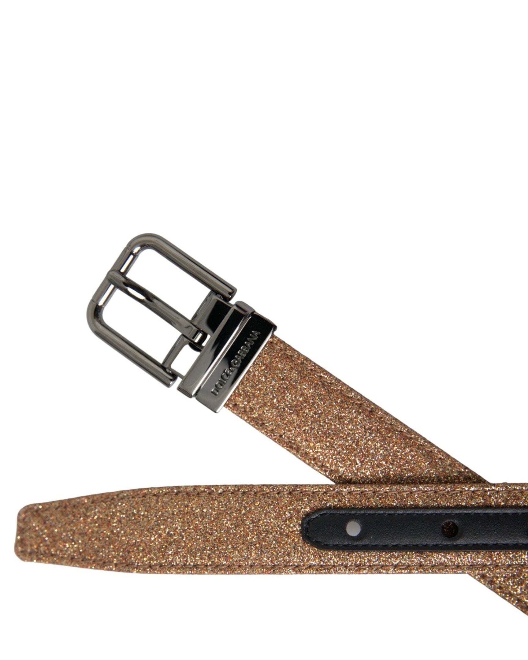 Dolce & Gabbana Gold Leather Glitter Silver Metal Buckle Belt Belts