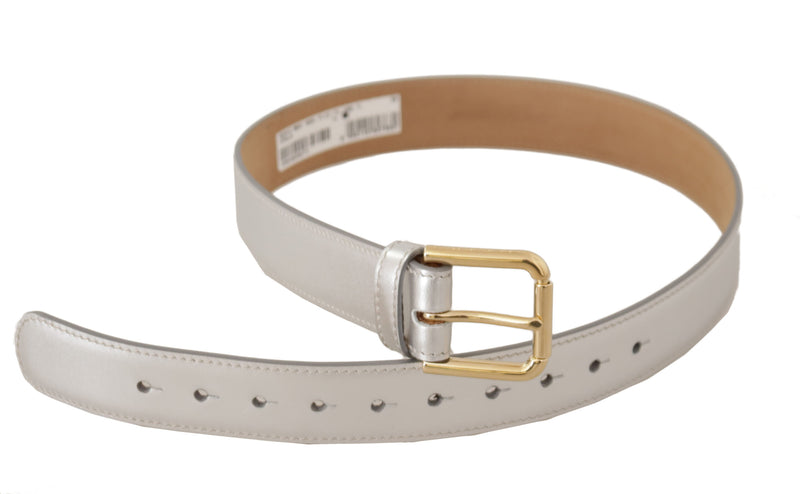 Dolce & Gabbana Gold Leather Silver Tone Logo Metal Buckle Belt Glam Steals