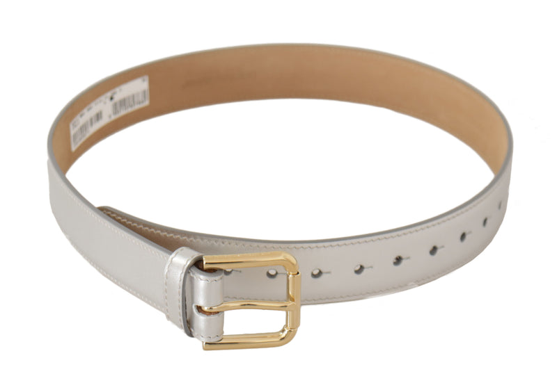 Dolce & Gabbana Gold Leather Silver Tone Logo Metal Buckle Belt Glam Steals