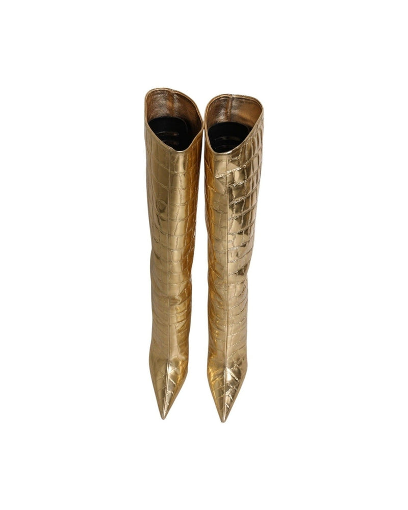 Dolce & Gabbana Gold Leather Stiletto Heels High Boots Shoes Boots