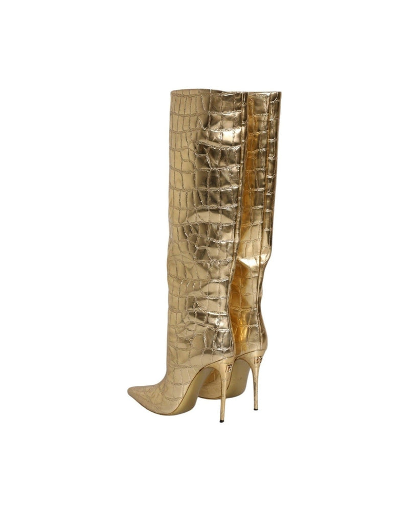 Dolce & Gabbana Gold Leather Stiletto Heels High Boots Shoes Glam Steals