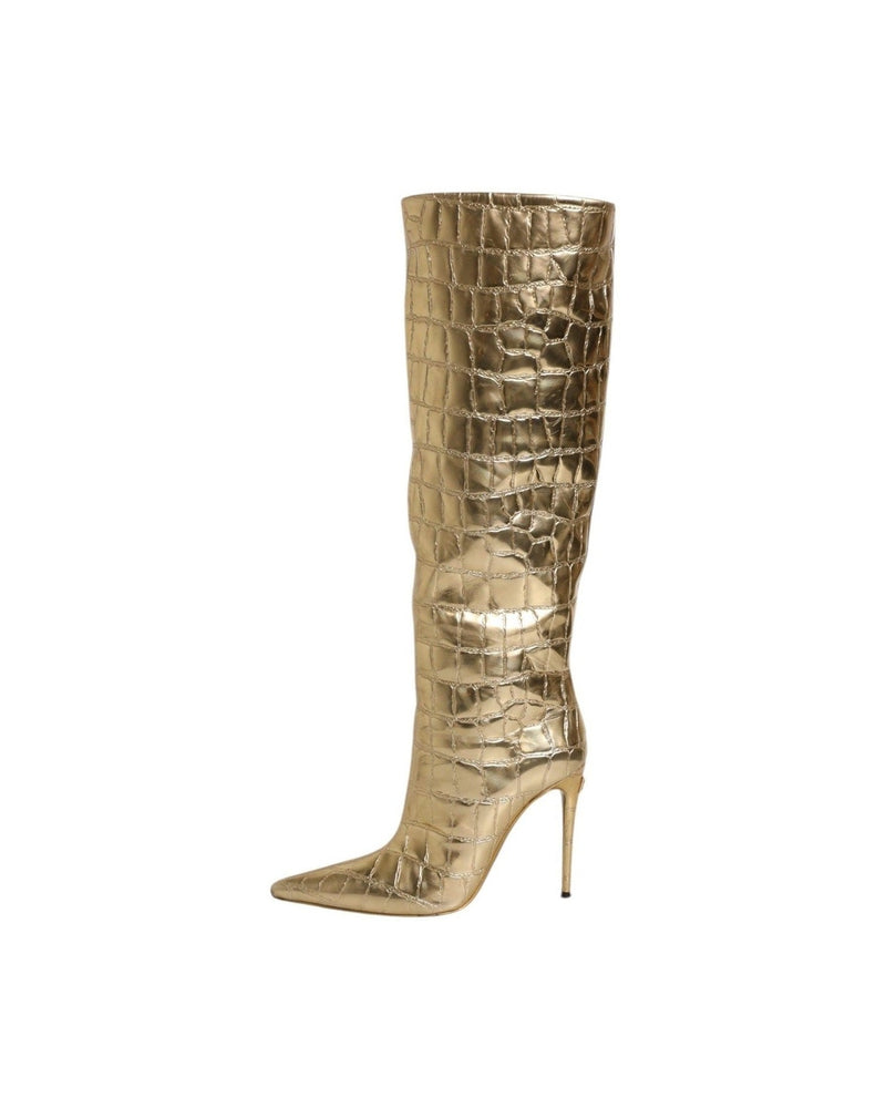 Dolce & Gabbana Gold Leather Stiletto Heels High Boots Shoes Glam Steals