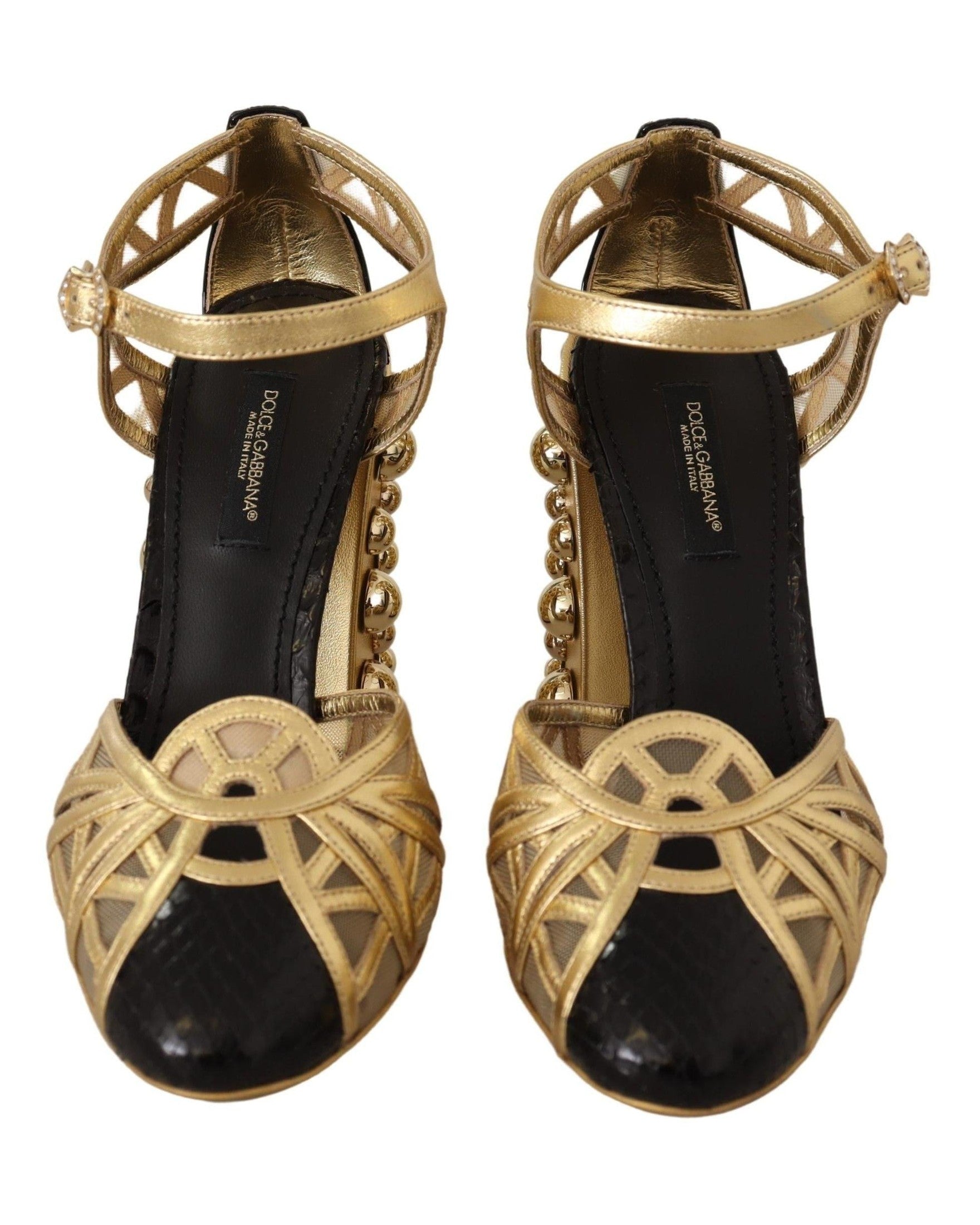 Dolce & Gabbana Gold Leather Studded Ankle Straps Shoes Heels