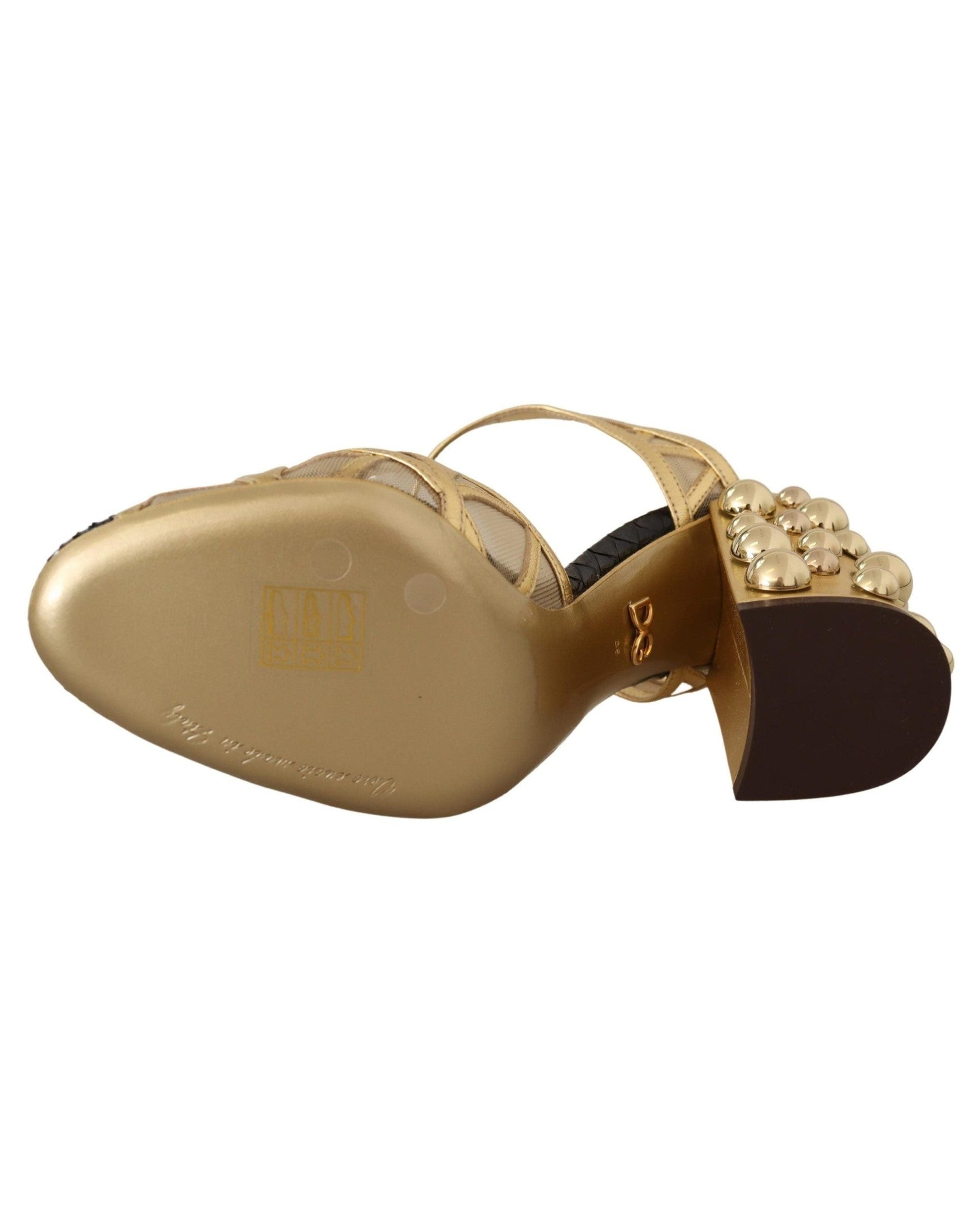 Dolce & Gabbana Gold Leather Studded Ankle Straps Shoes Heels