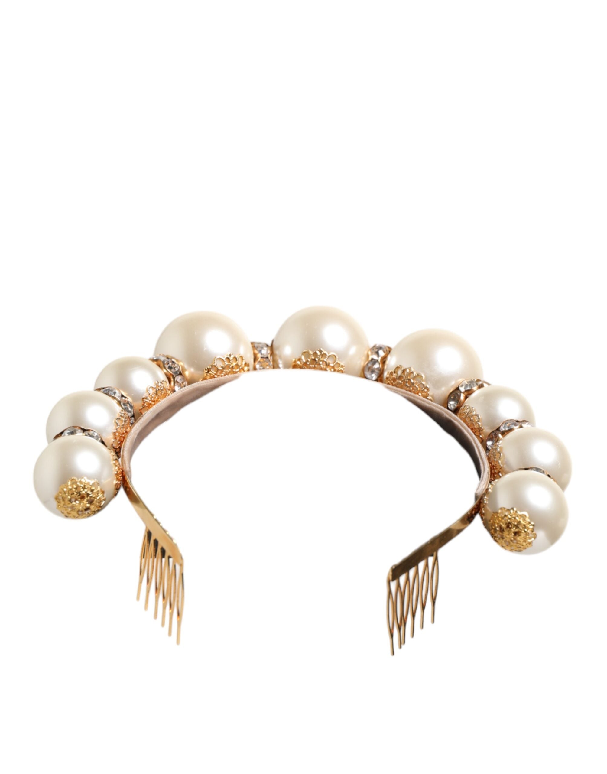 Dolce & Gabbana Gold Pearl Crystal Embellished Tiara Hair Accessory Headband Glam Steals