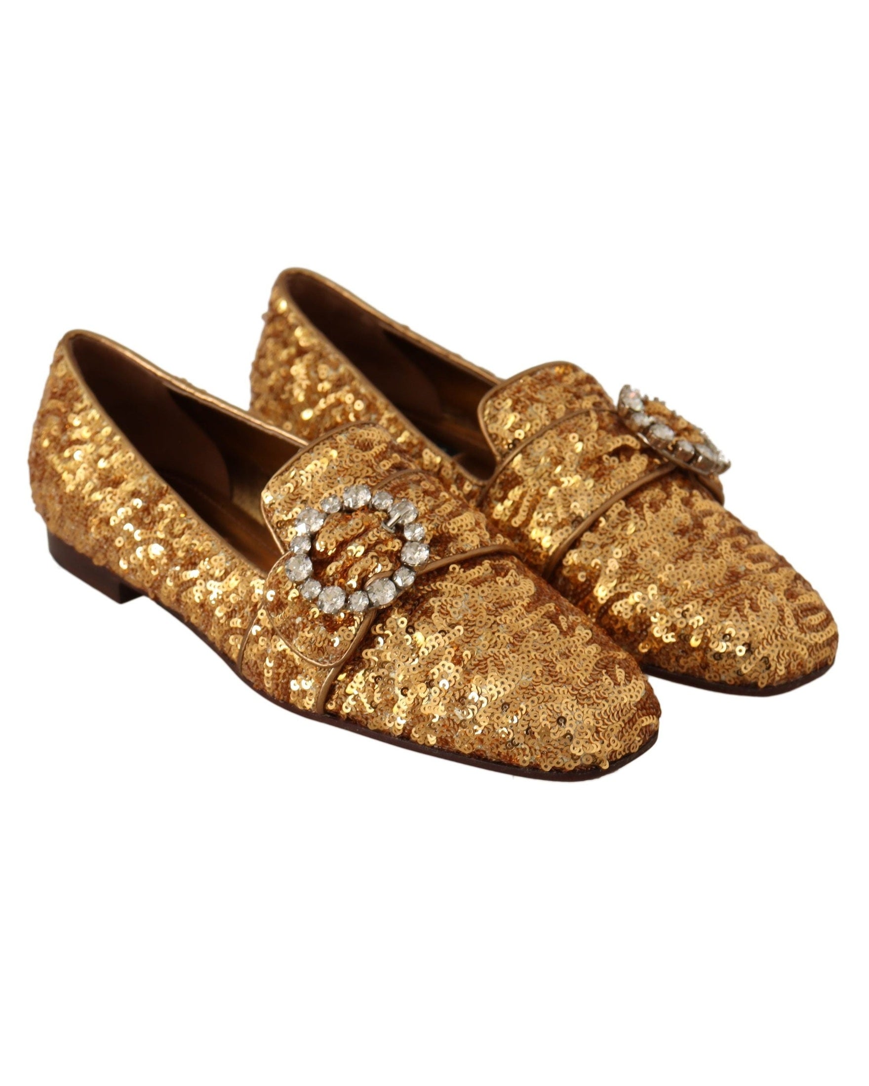 Dolce & Gabbana Gold Sequin Crystal Flat Loafers Shoes Flats
