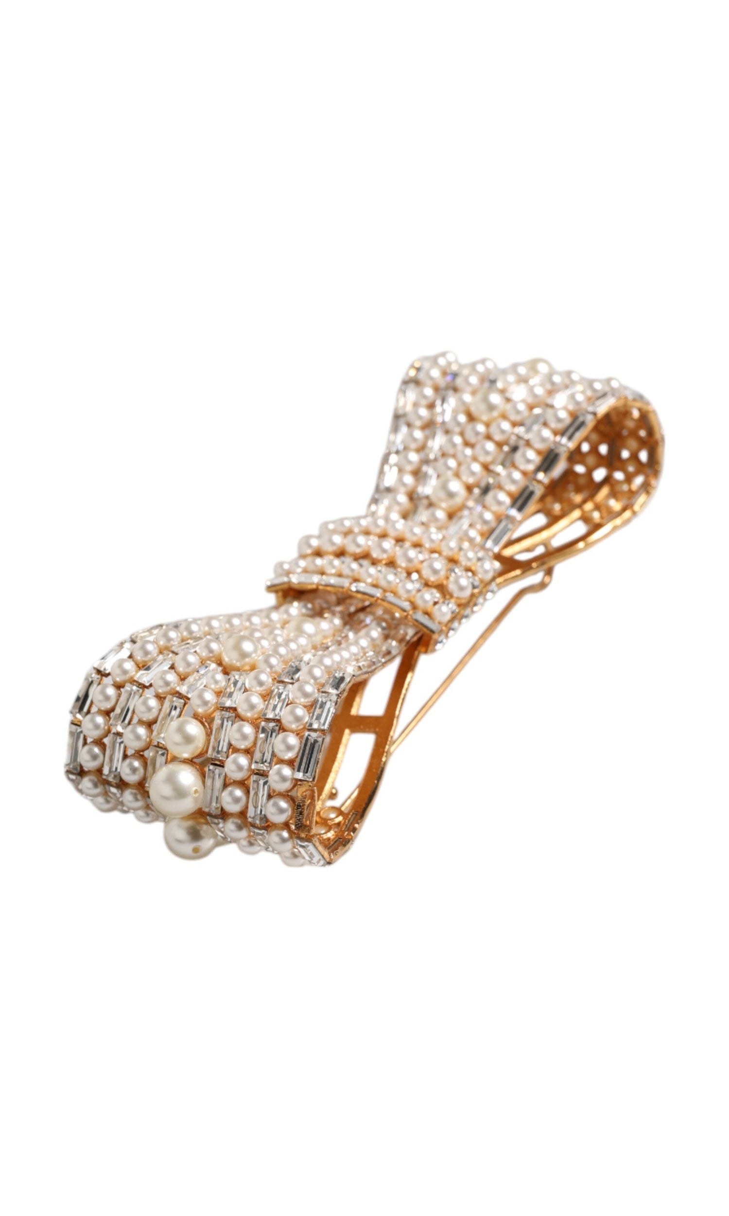 Dolce & Gabbana Gold Tone Brass Bow Crystal Fauxpearl Embellished Brooch Glam Steals