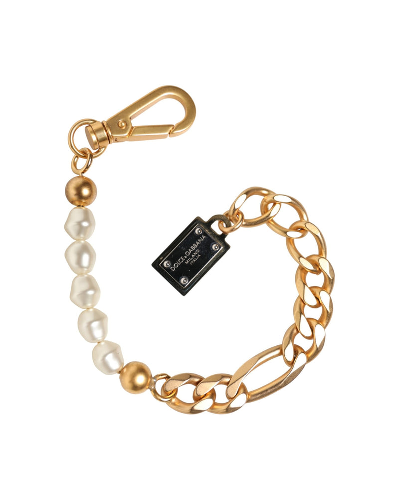 Dolce & Gabbana Gold Tone Brass Faux Pearl Logo Embellish Charm Bracelet Glam Steals