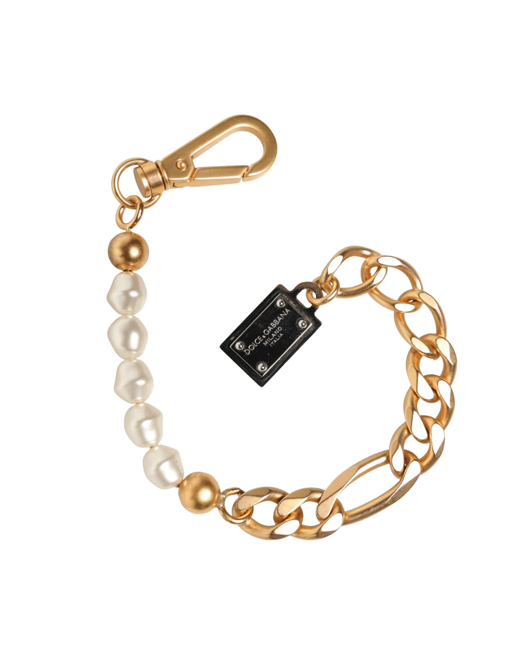 Dolce & Gabbana Gold Tone Brass Faux Pearl Logo Embellish Charm Bracelet Glam Steals