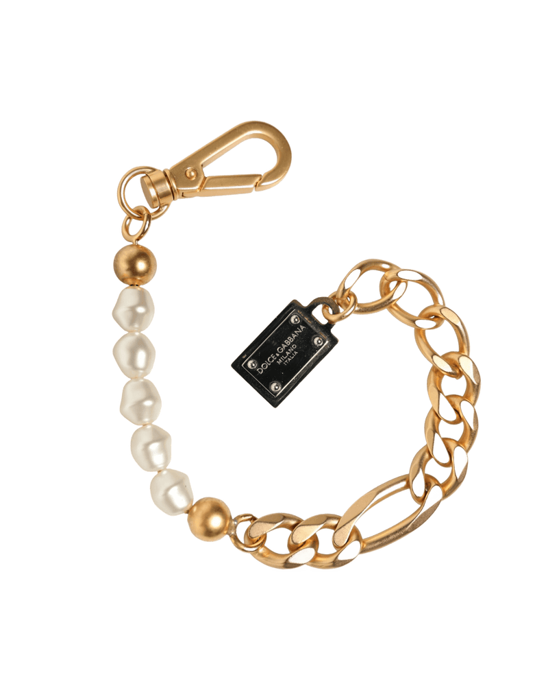 Dolce & Gabbana Gold Tone Brass Faux Pearl Logo Embellish Charm Bracelet Glam Steals