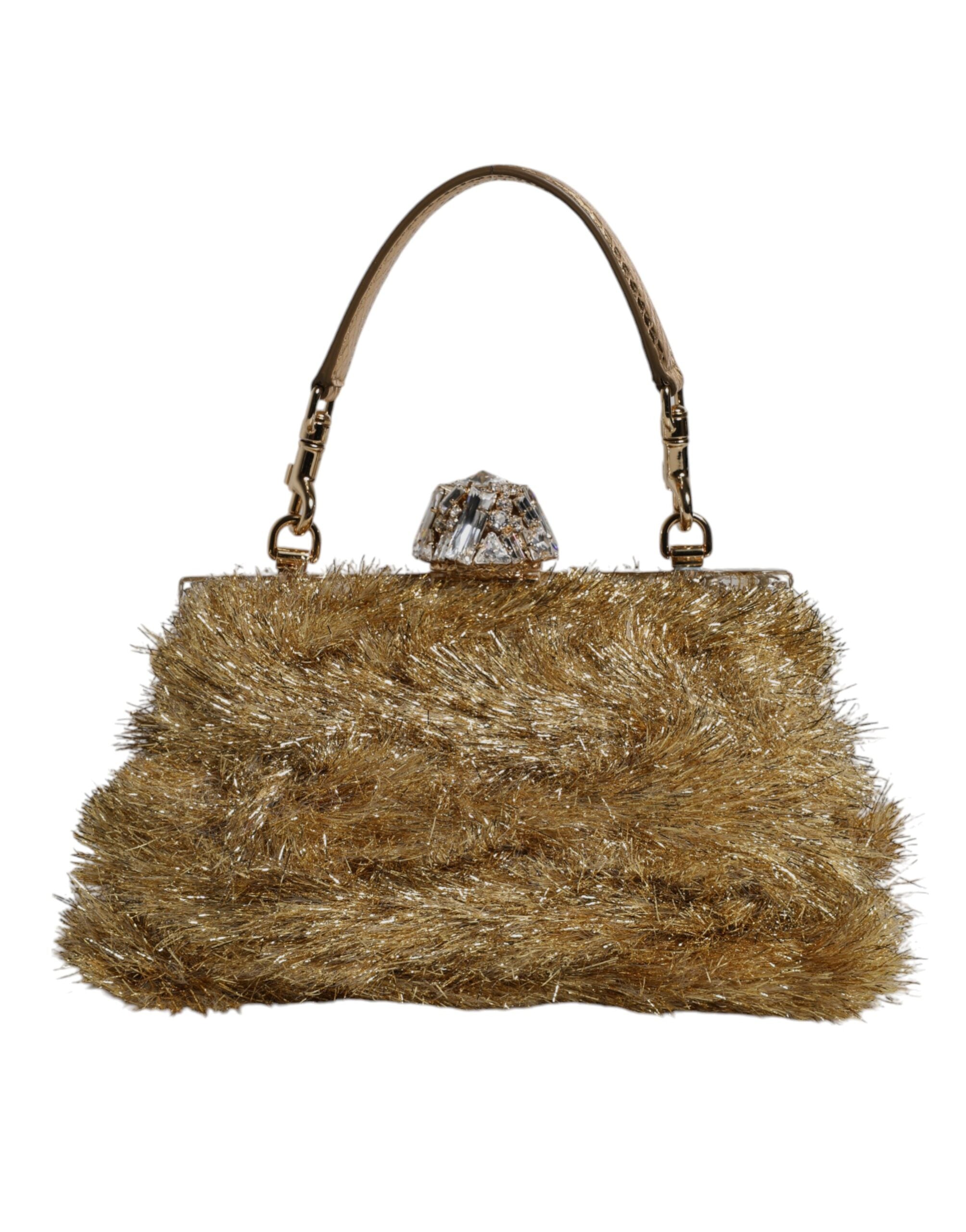 Dolce & Gabbana Gold Vanda Chain Strap Tinsel Crystal Evening Clutch Bag Glam Steals