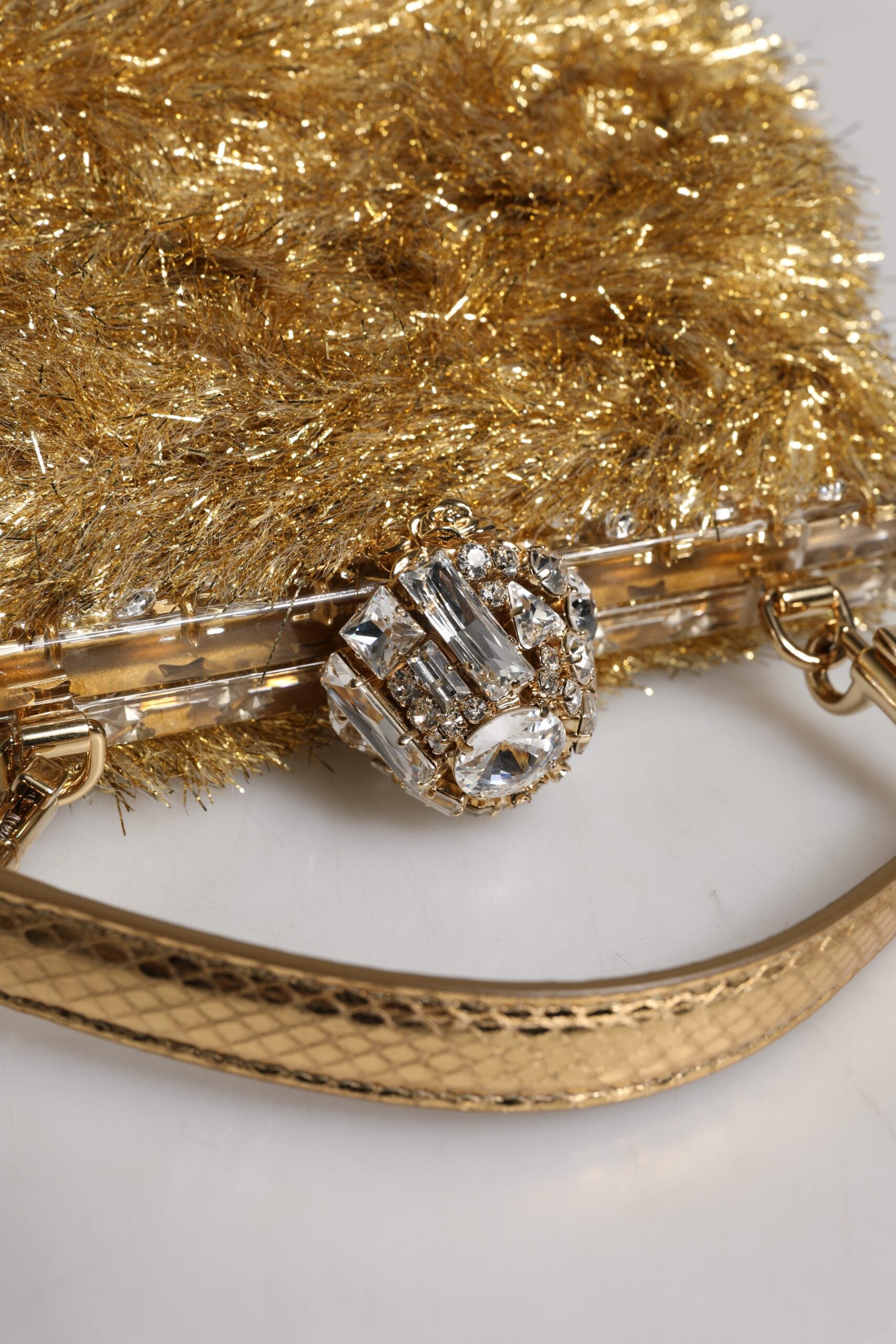 Dolce & Gabbana Gold Vanda Chain Strap Tinsel Crystal Evening Clutch Bag Glam Steals