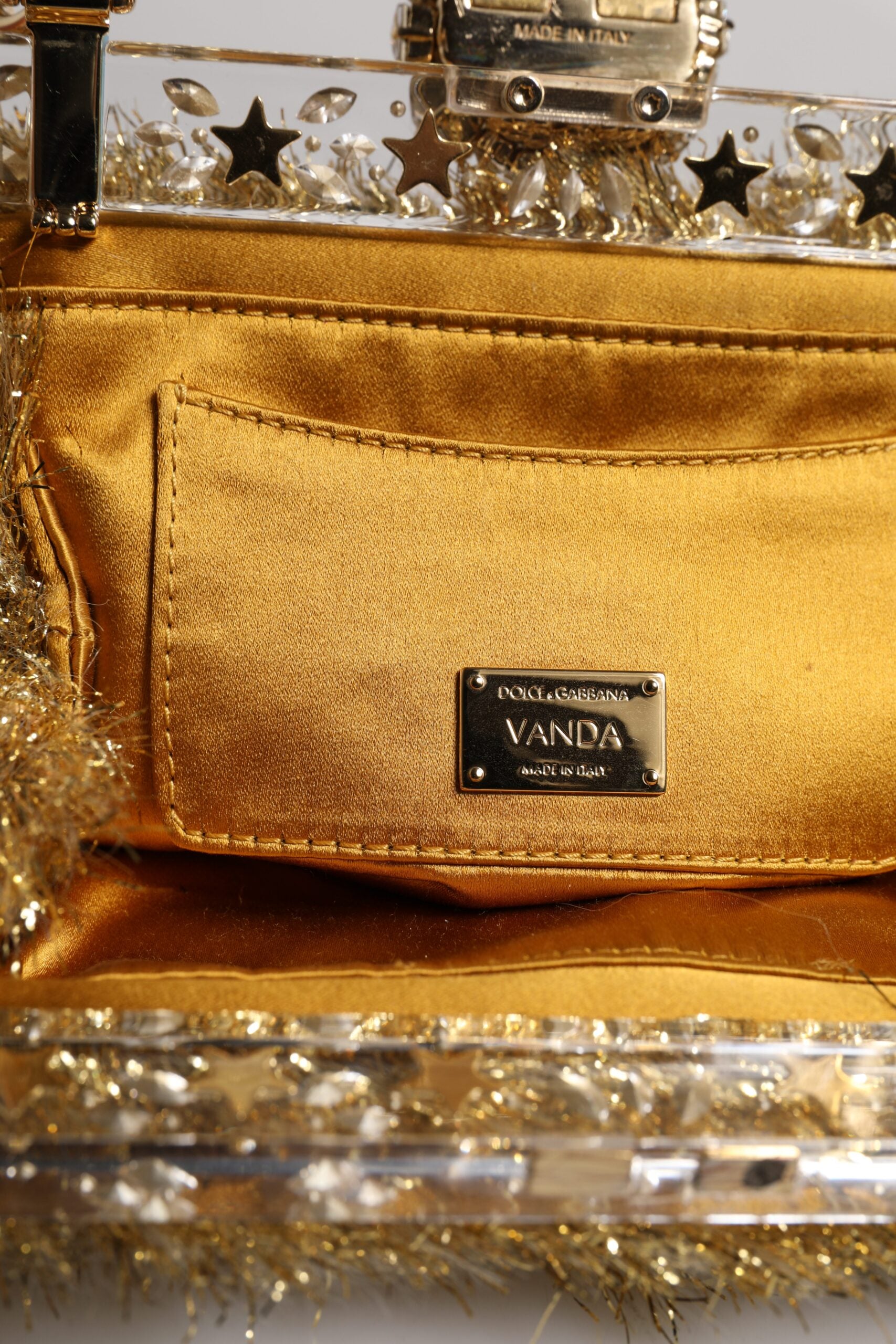 Dolce & Gabbana Gold Vanda Chain Strap Tinsel Crystal Evening Clutch Bag Glam Steals