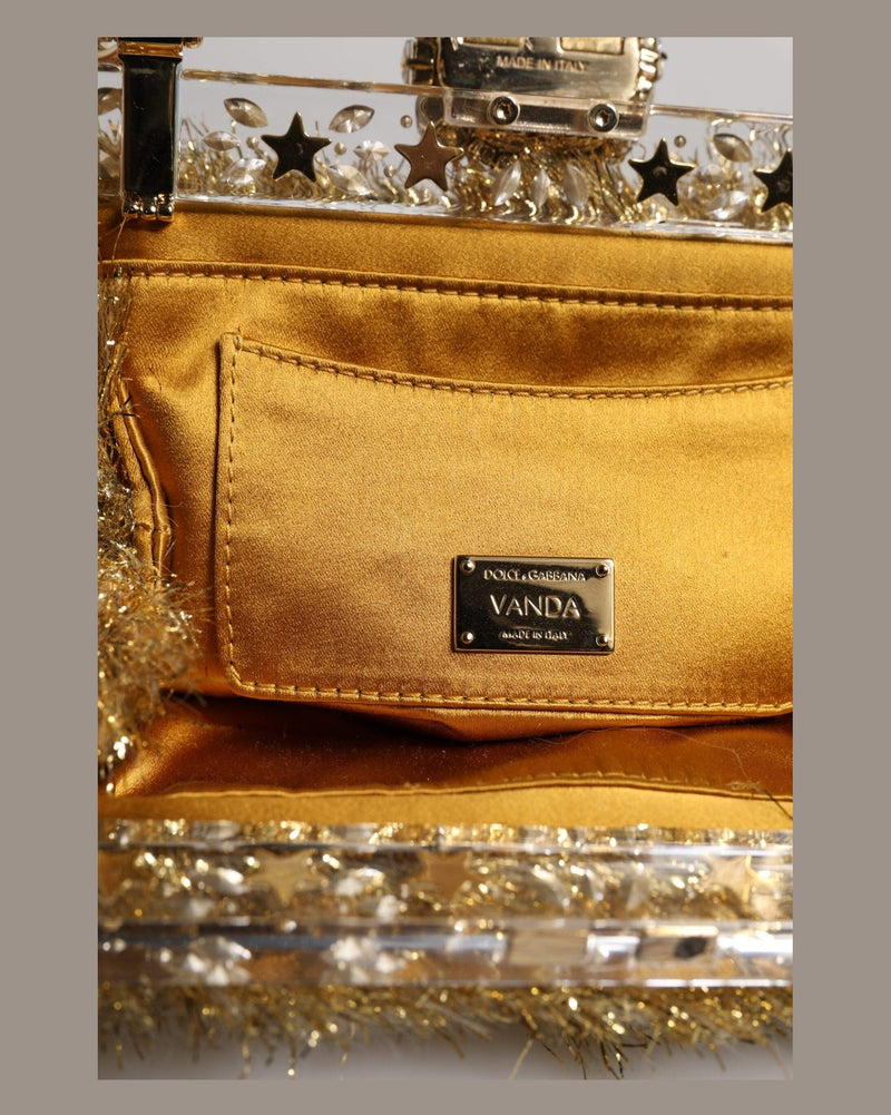 Dolce & Gabbana Gold Vanda Chain Strap Tinsel Crystal Evening Clutch Bag Glam Steals