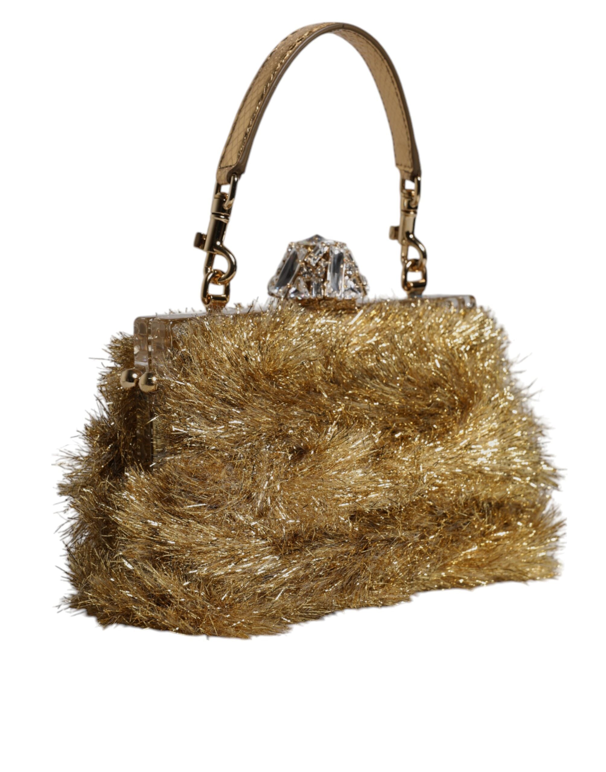 Dolce & Gabbana Gold Vanda Chain Strap Tinsel Crystal Evening Clutch Bag Glam Steals