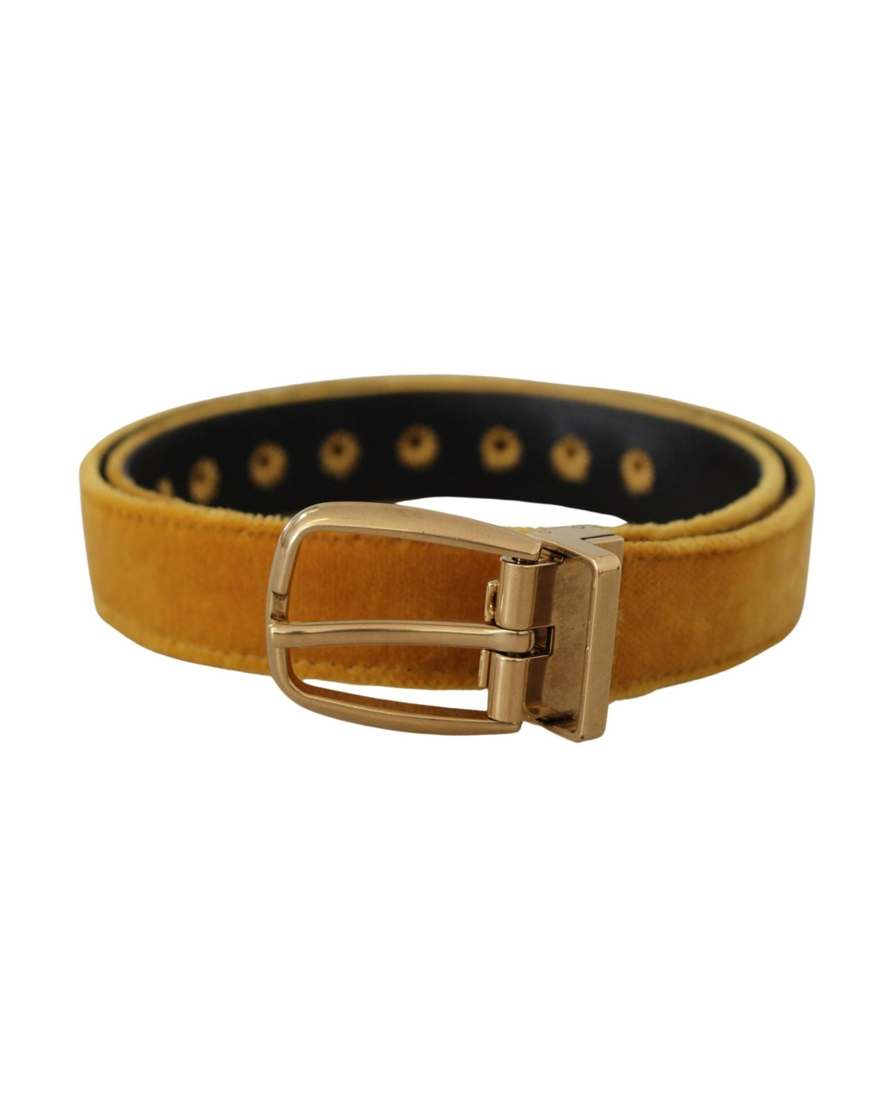 Dolce & Gabbana Gold Velvet Mustard Logo Engraved Metal Buckle Belt Belts