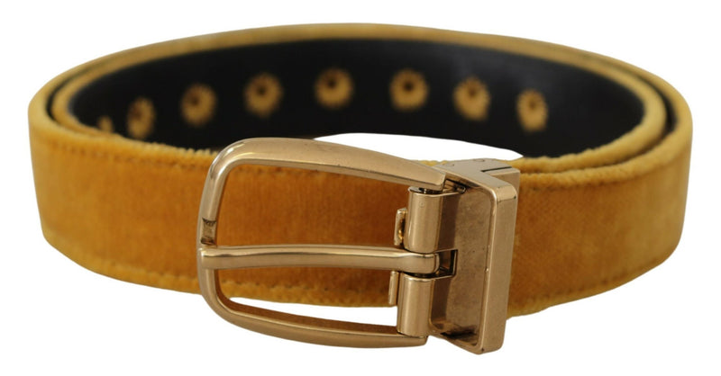 Dolce & Gabbana Gold Velvet Mustard Logo Engraved Metal Buckle Belt Glam Steals