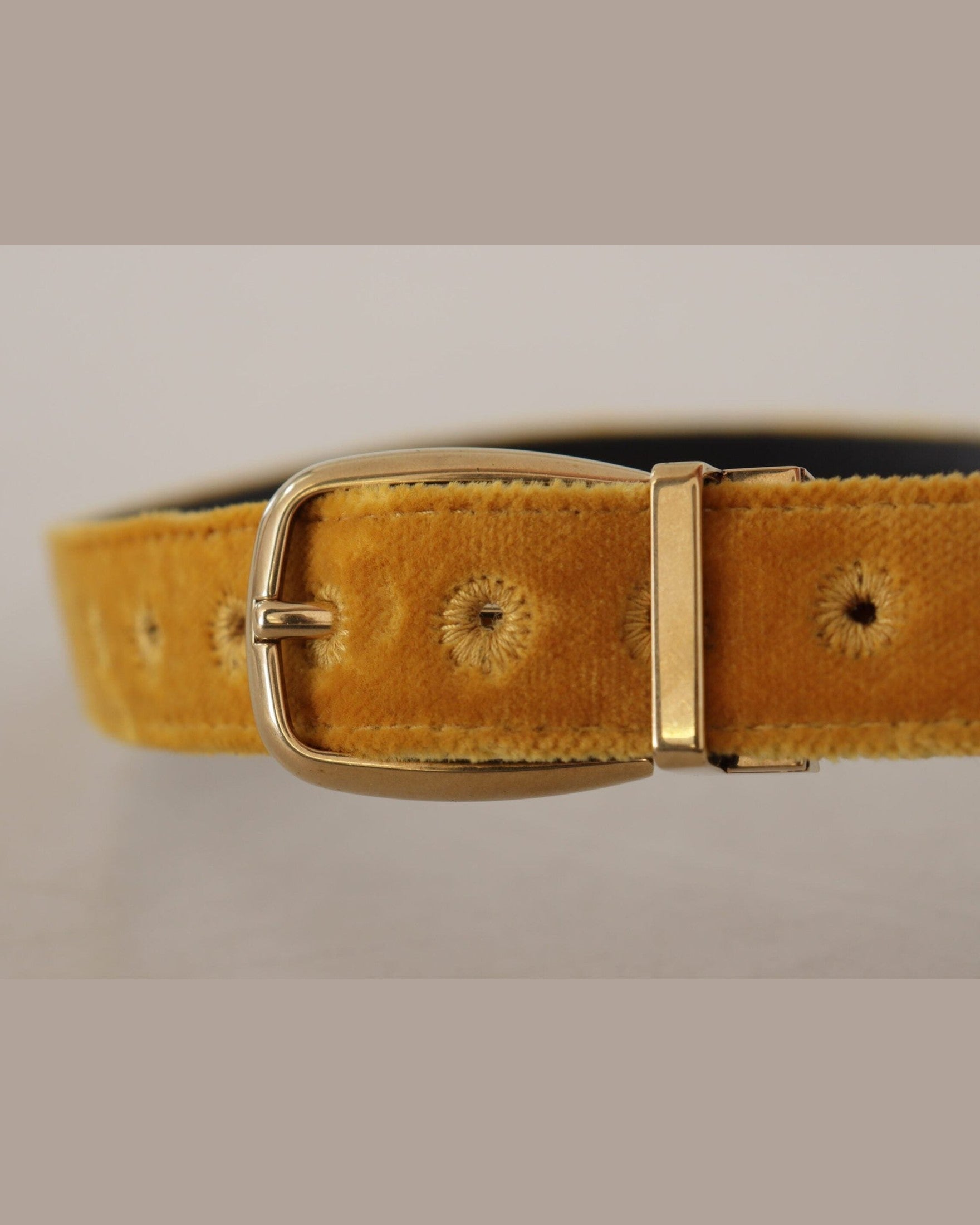 Dolce & Gabbana Gold Velvet Mustard Logo Engraved Metal Buckle Belt Belts