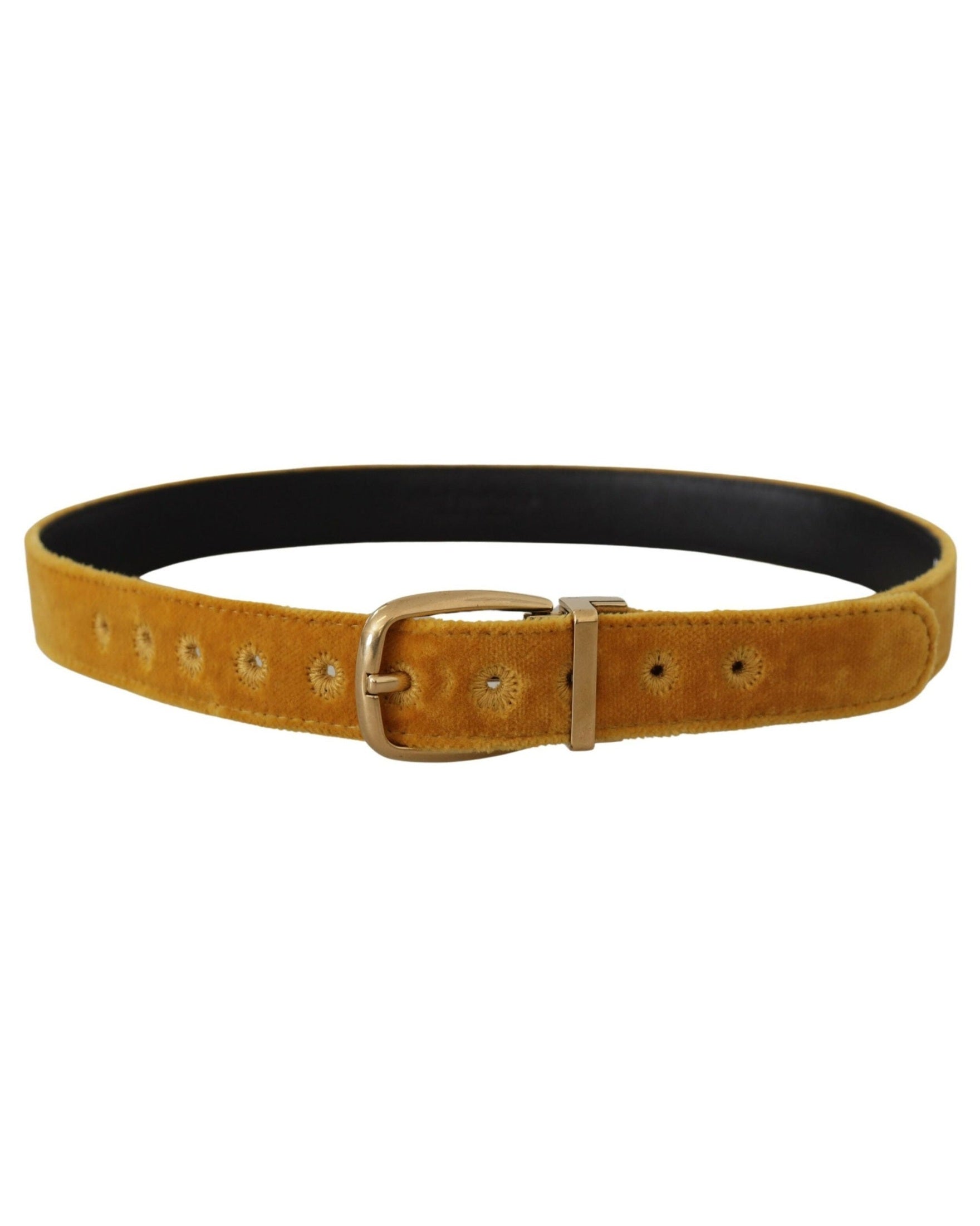 Dolce & Gabbana Gold Velvet Mustard Logo Engraved Metal Buckle Belt Belts