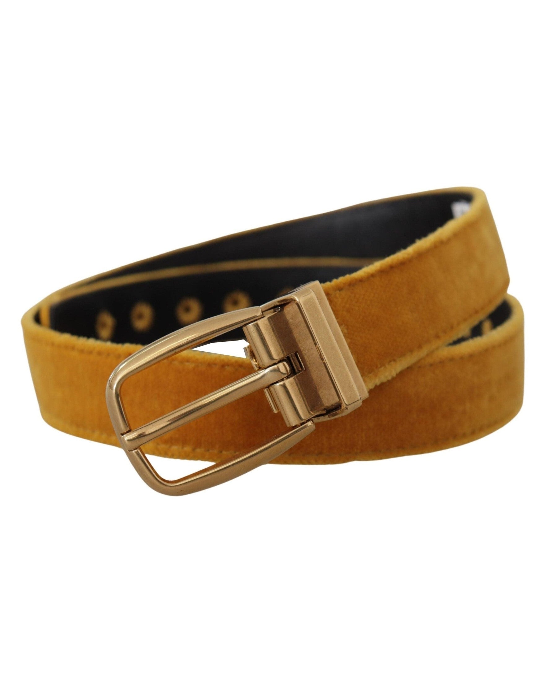 Dolce & Gabbana Gold Velvet Mustard Logo Engraved Metal Buckle Belt Belts