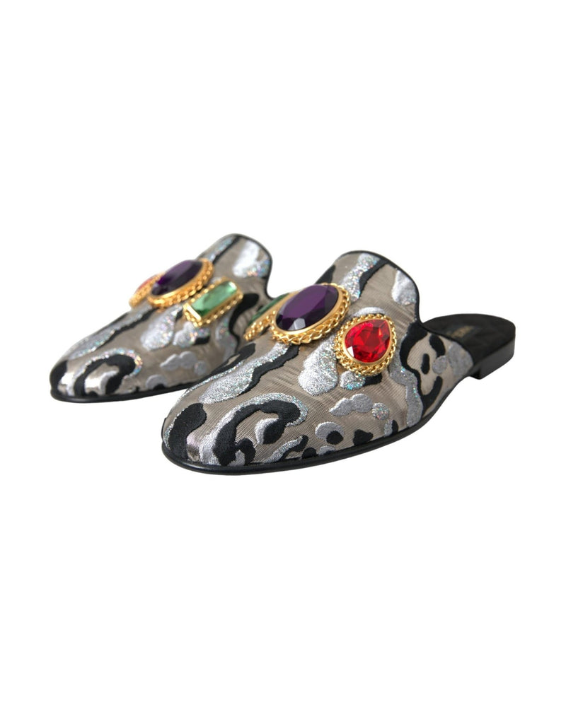 Dolce & Gabbana Gray Jacquard Crystal Mule Flat Sandals Shoes Glam Steals