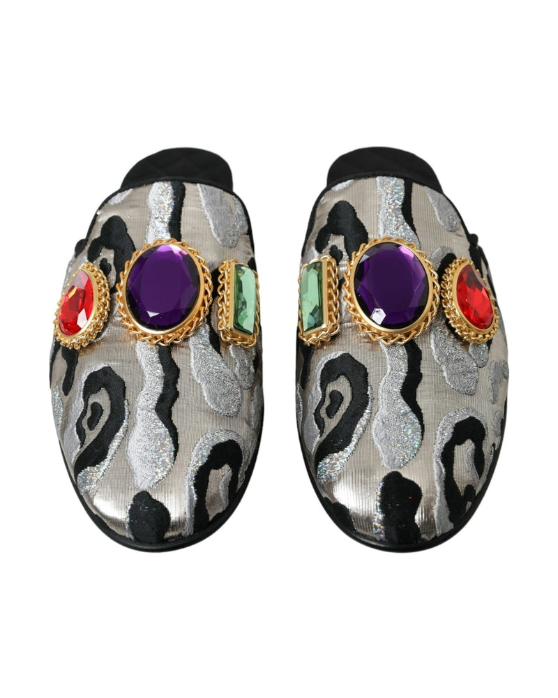 Dolce & Gabbana Gray Jacquard Crystal Mule Flat Sandals Shoes Glam Steals