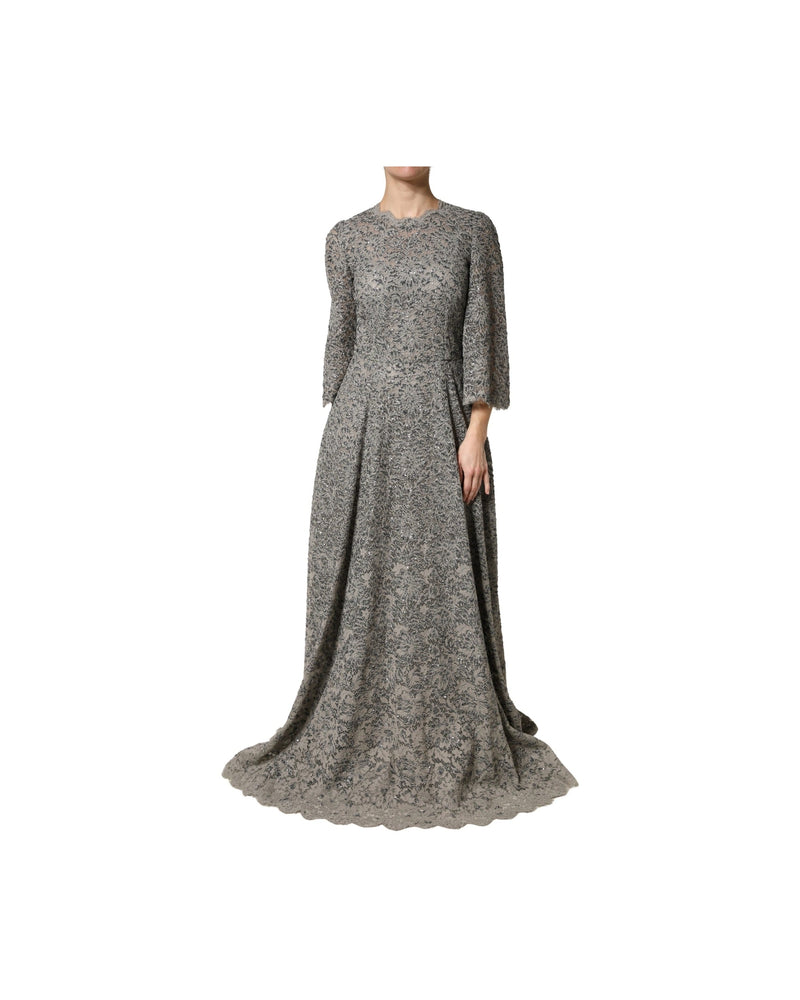 Dolce & Gabbana Gray Lace Long Sleeves Cotton Maxi Dress Glam Steals