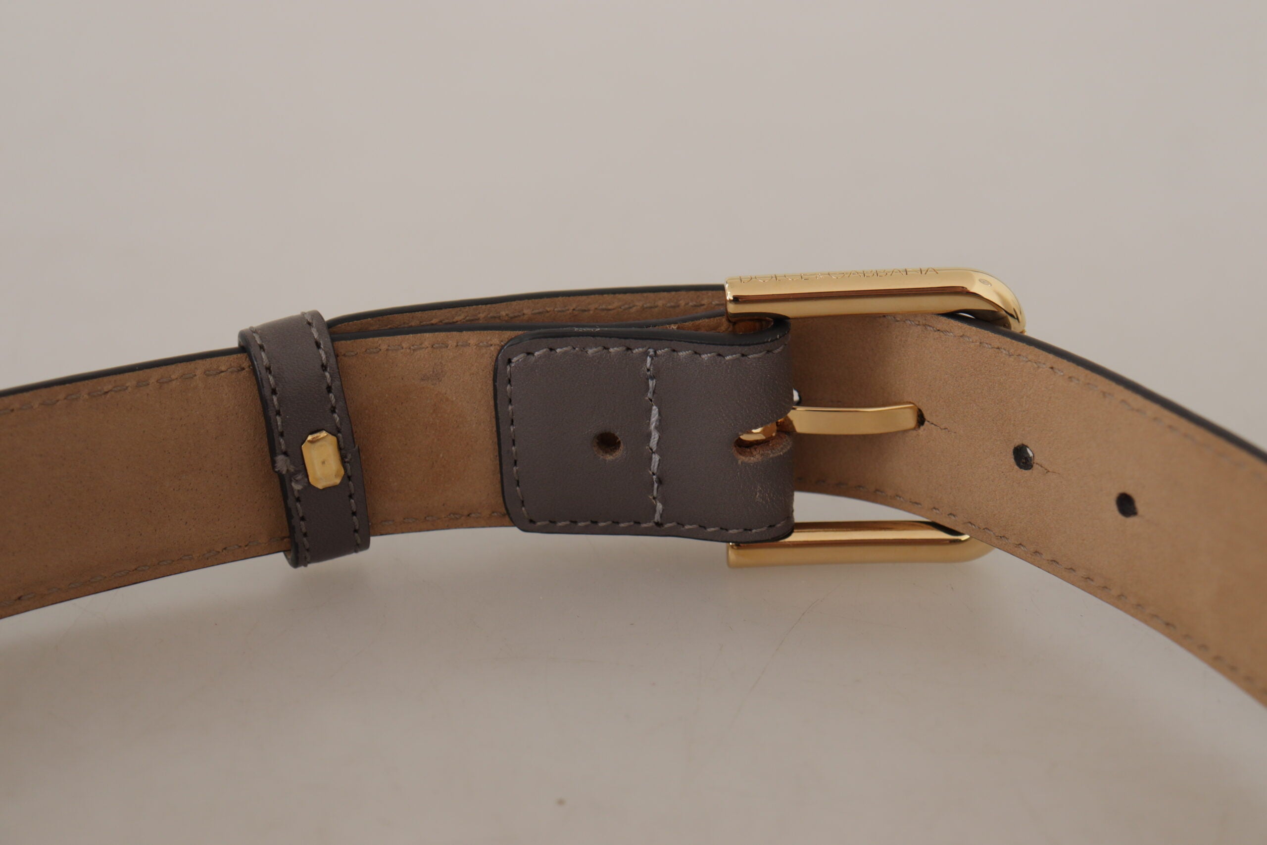 Dolce & Gabbana Gray Leather Calfskin Gold Metal Logo Buckle Belt Glam Steals
