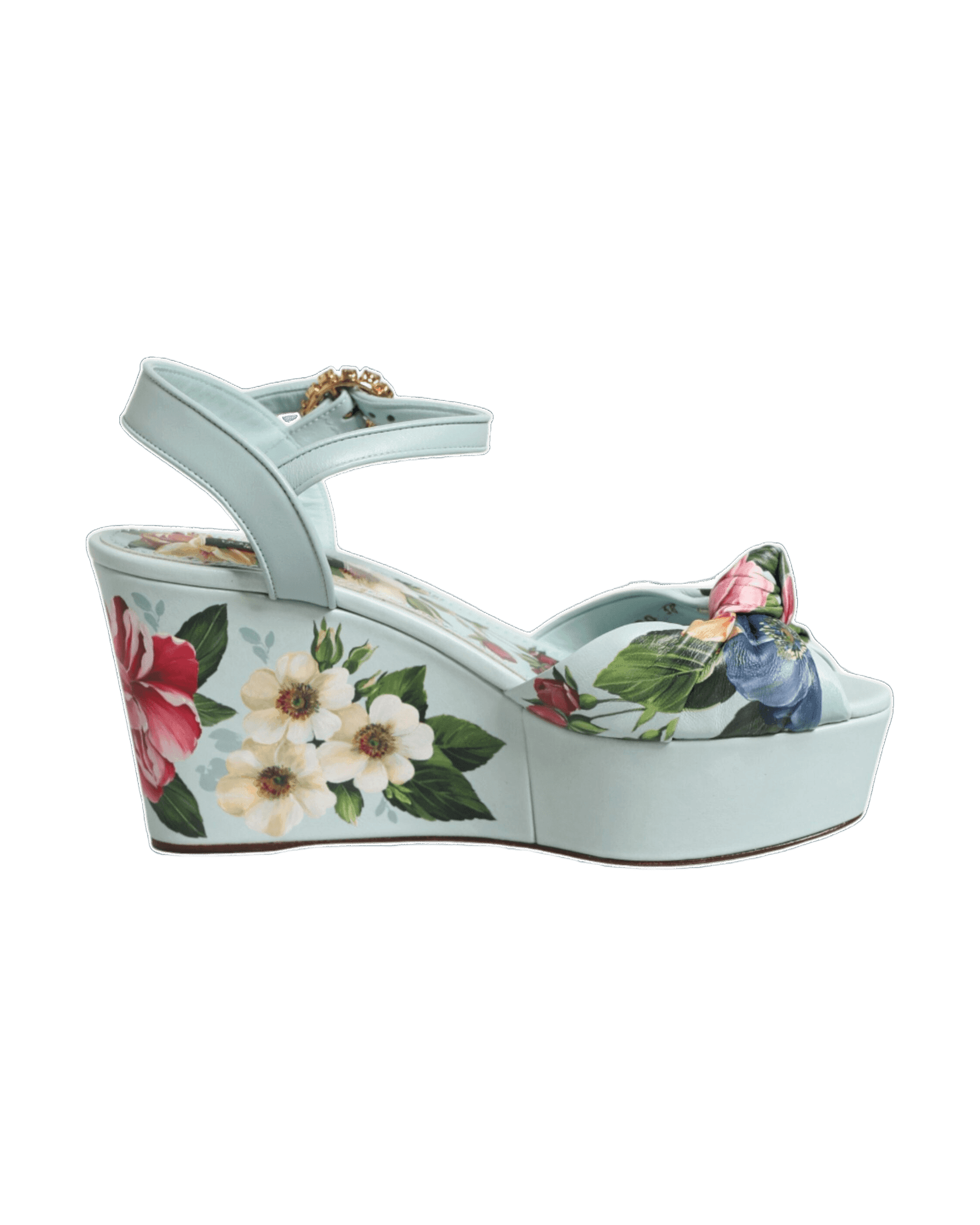 Dolce & Gabbana Green Floral Ankle Strap Wedge Heels