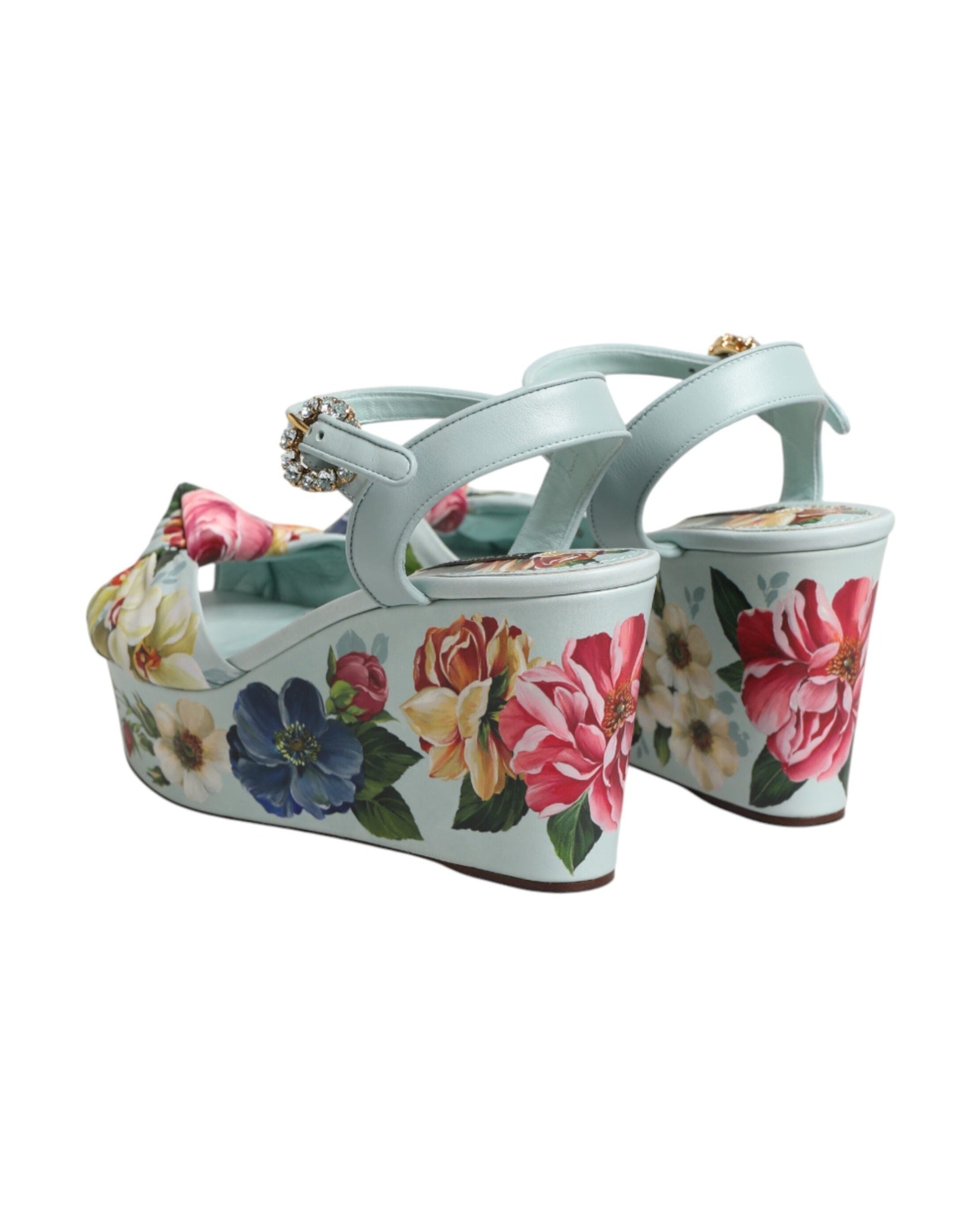 Dolce & Gabbana Green Floral Ankle Strap Wedge Heels