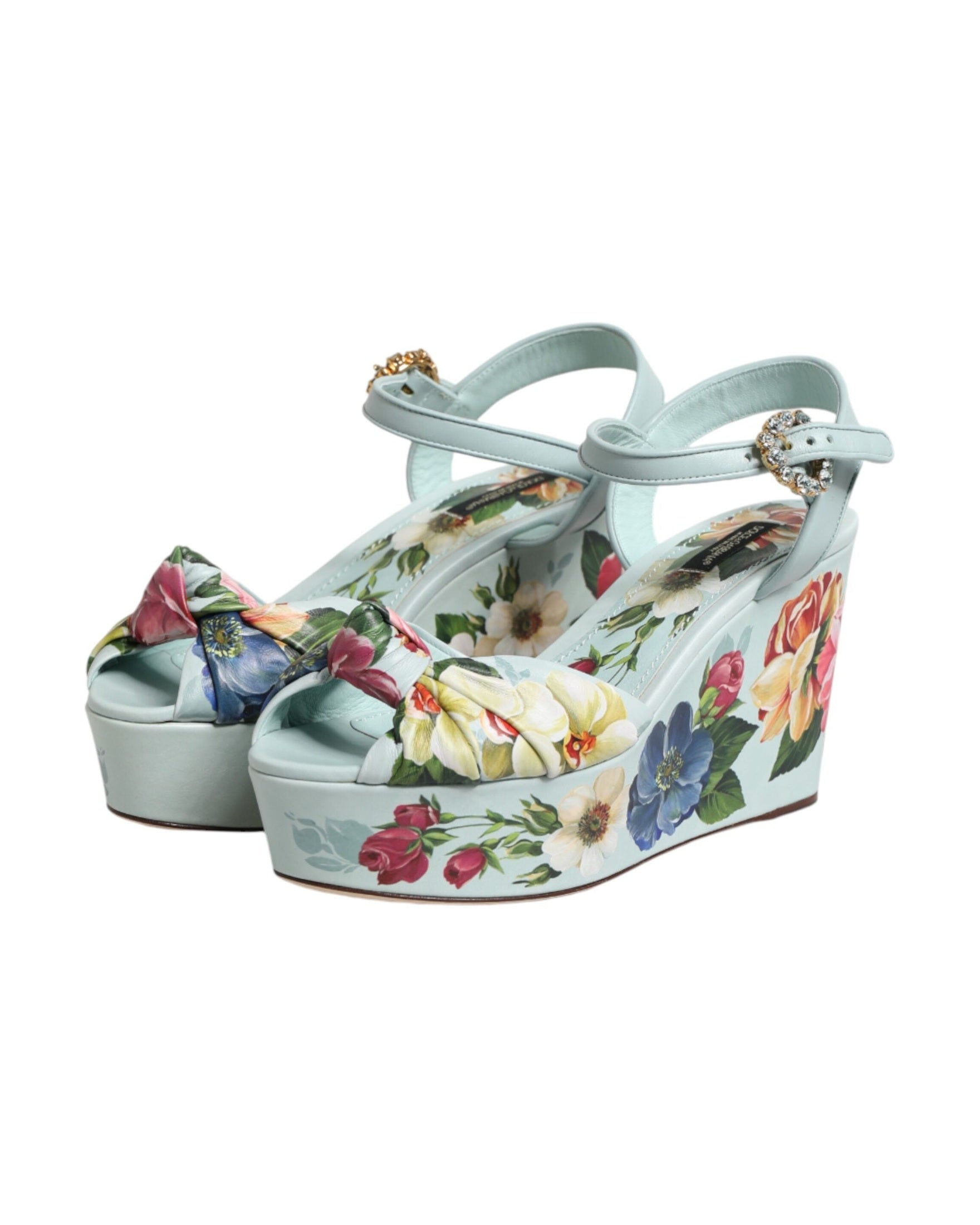 Dolce & Gabbana Green Floral Ankle Strap Wedge Heels
