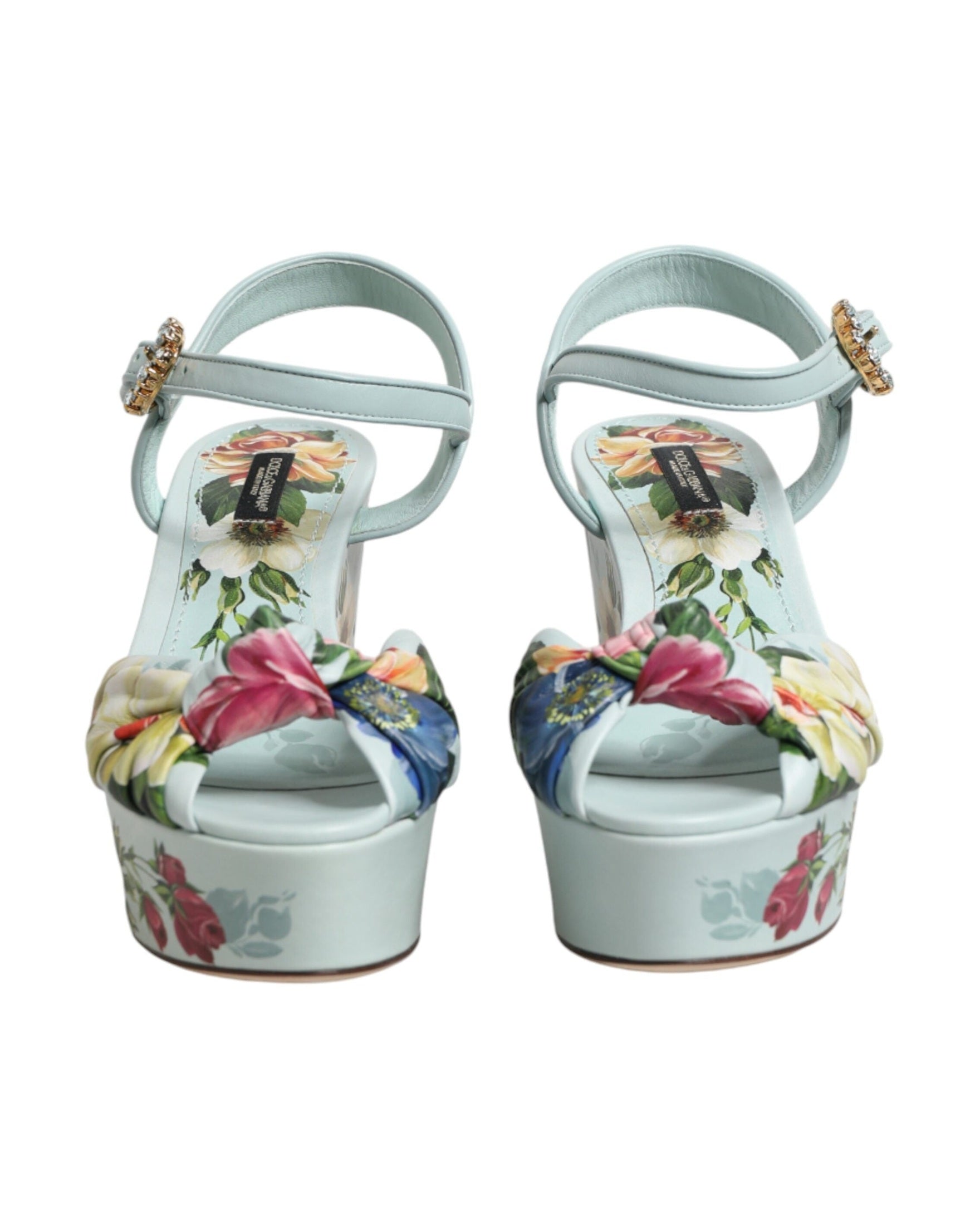 Dolce & Gabbana Green Floral Ankle Strap Wedge Heels