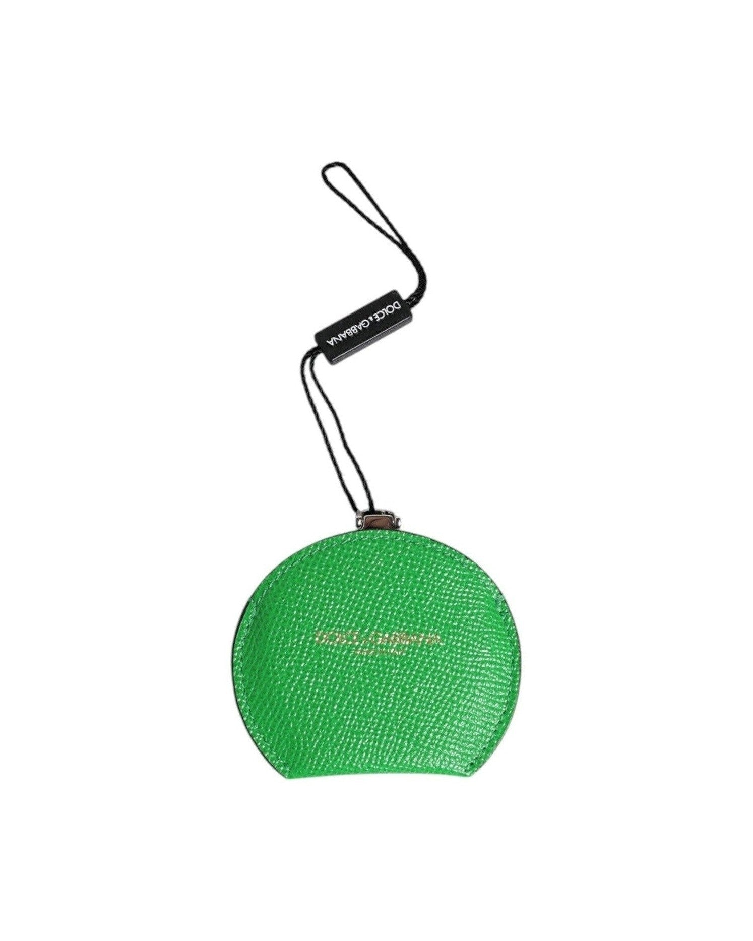 Dolce & Gabbana Green Leather Calfskin Round Logo Hand Mirror Holder Face Mirrors